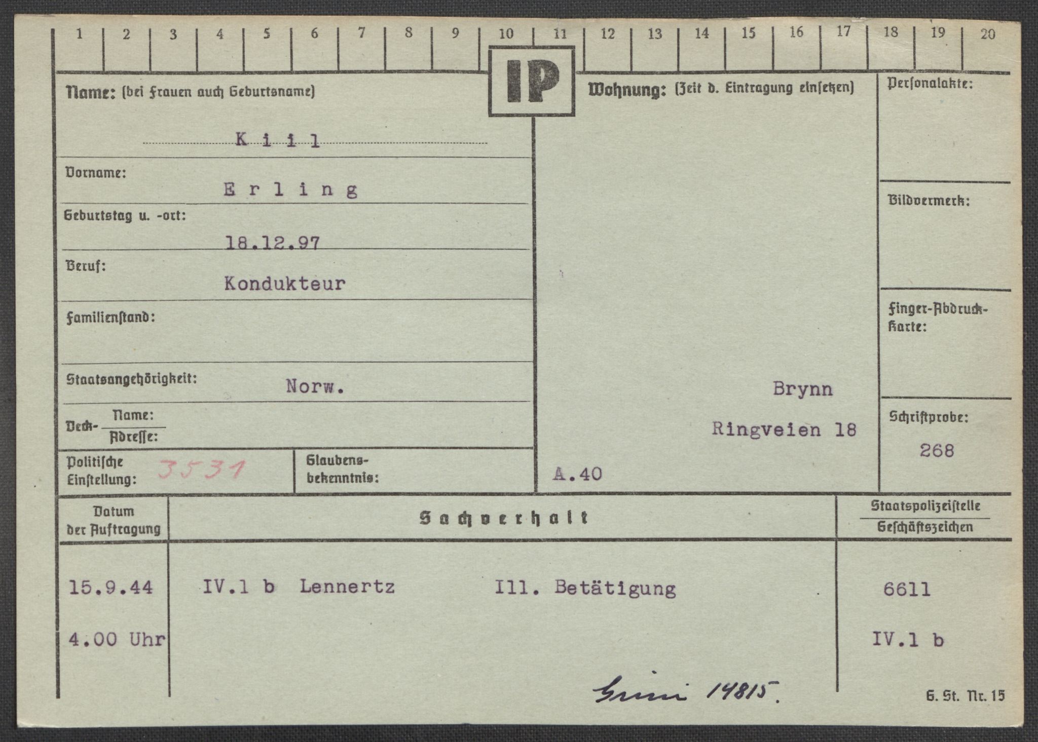 Befehlshaber der Sicherheitspolizei und des SD, AV/RA-RAFA-5969/E/Ea/Eaa/L0005: Register over norske fanger i Møllergata 19: Hø-Kj, 1940-1945, s. 1329