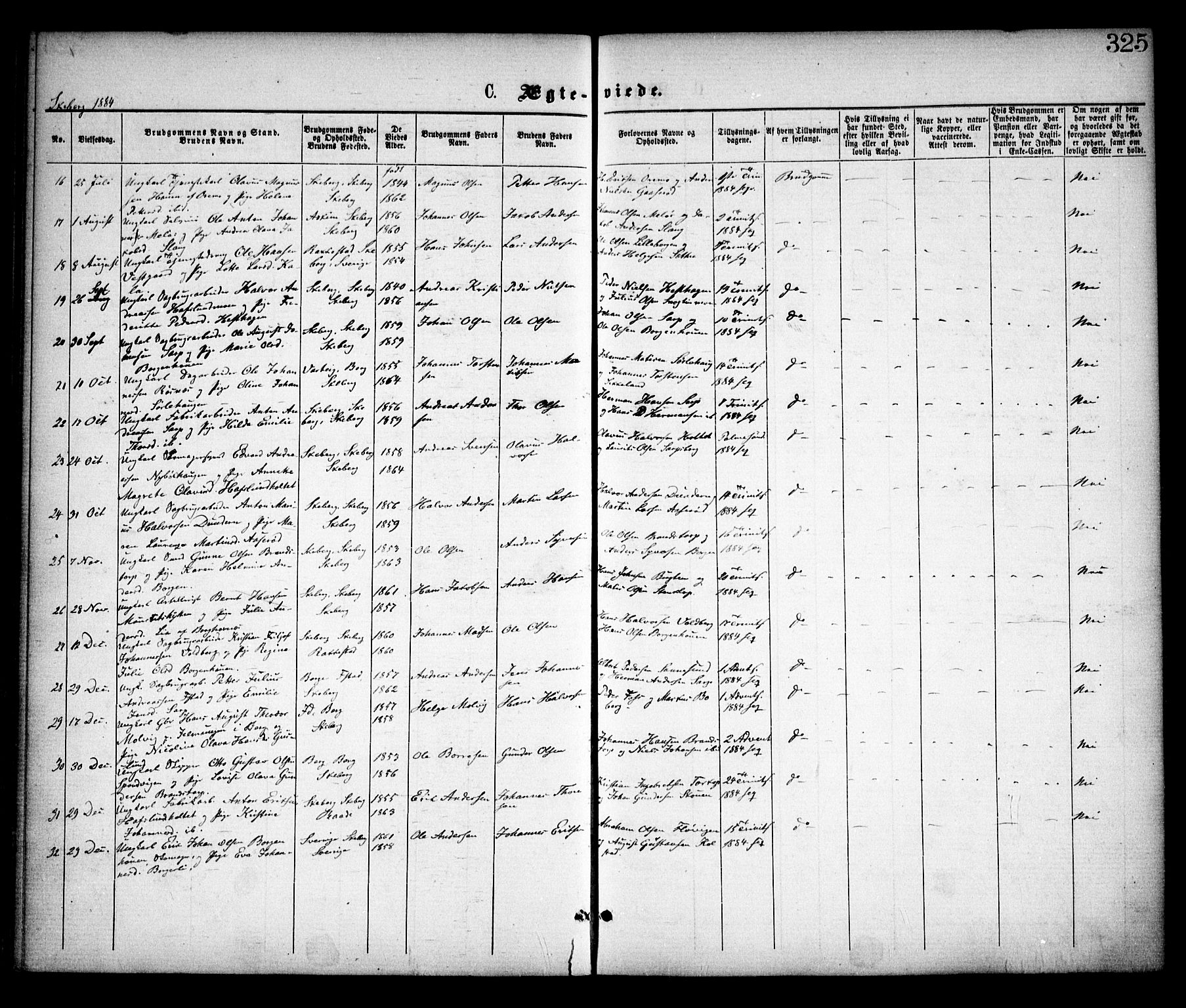 Skjeberg prestekontor Kirkebøker, AV/SAO-A-10923/F/Fa/L0008: Ministerialbok nr. I 8, 1869-1885, s. 325