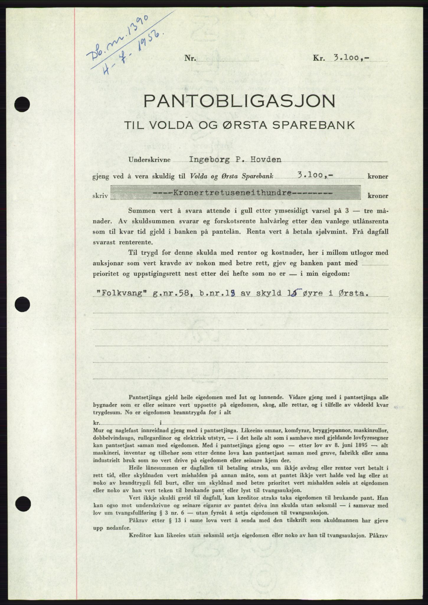 Søre Sunnmøre sorenskriveri, SAT/A-4122/1/2/2C/L0128: Pantebok nr. 16B, 1956-1956, Dagboknr: 1390/1956