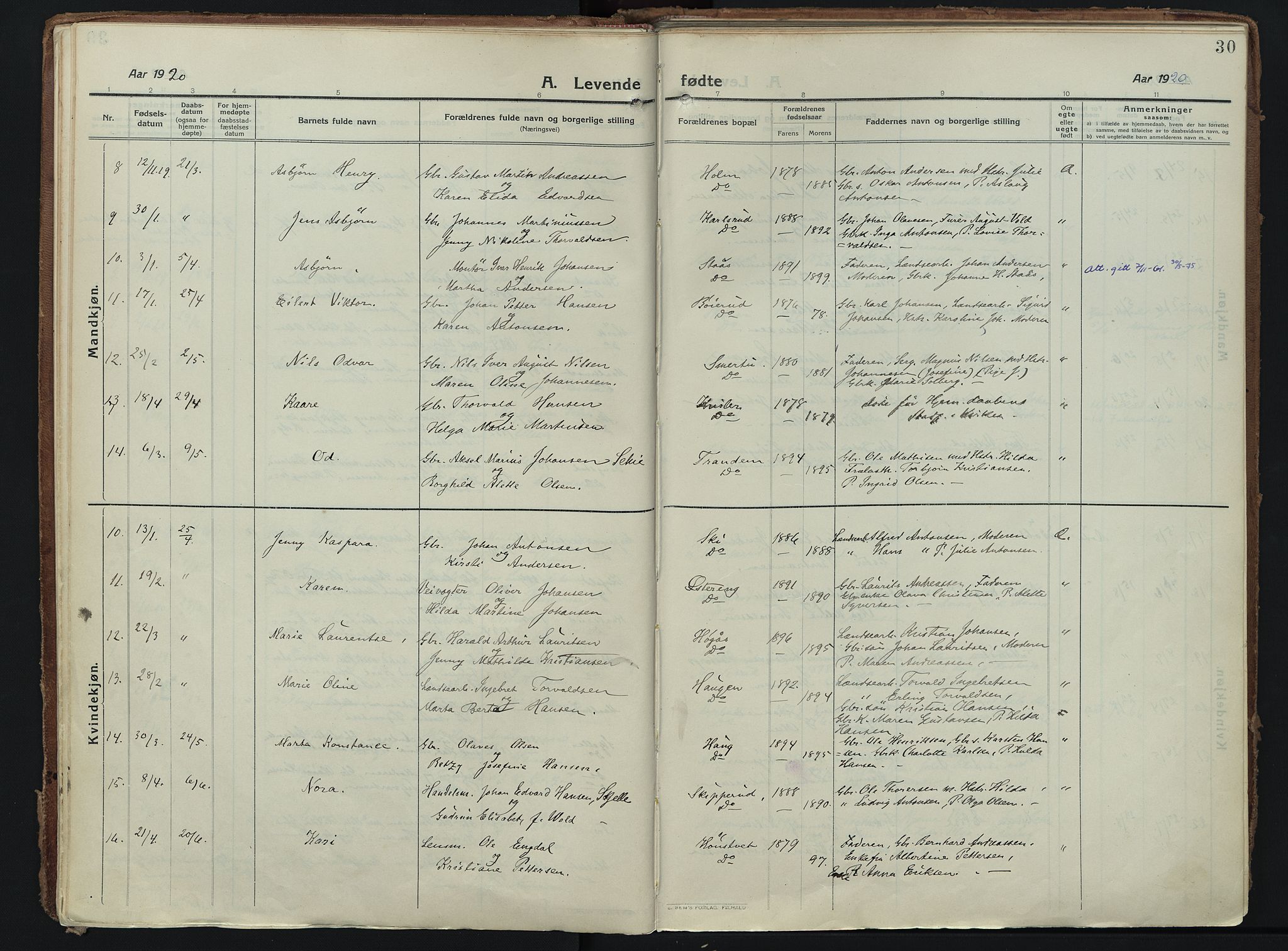 Skiptvet prestekontor Kirkebøker, AV/SAO-A-20009/F/Fa/L0012: Ministerialbok nr. 12, 1913-1924, s. 30