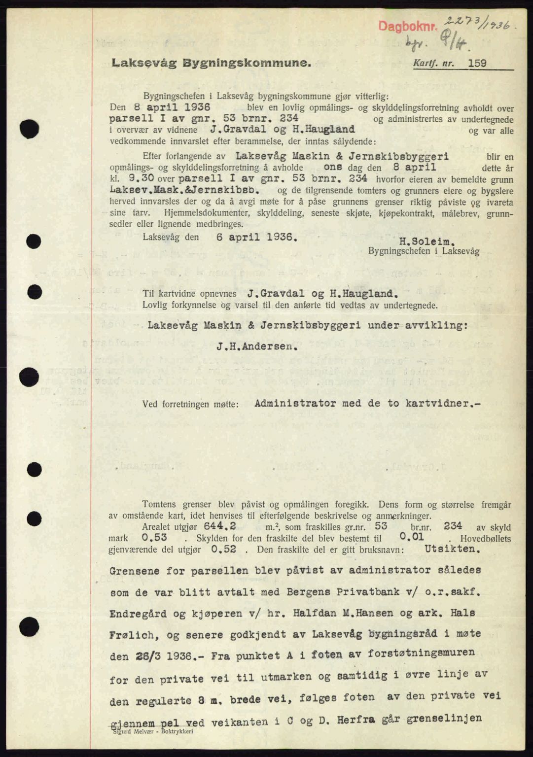 Midhordland sorenskriveri, SAB/A-3001/1/G/Gb/Gbk/L0001: Pantebok nr. A1-6, 1936-1937, Dagboknr: 2273/1936