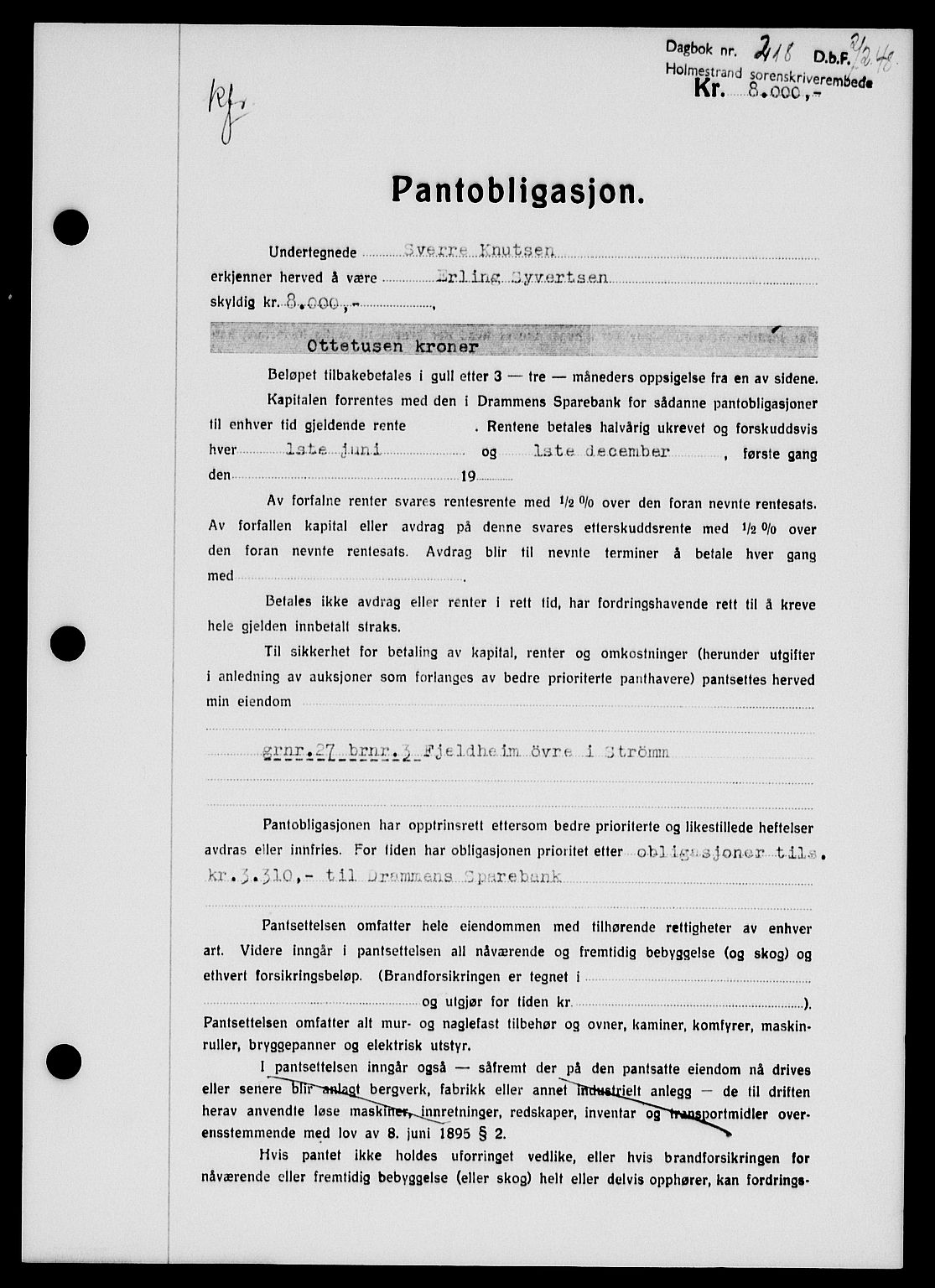 Holmestrand sorenskriveri, SAKO/A-67/G/Ga/Gab/L0058: Pantebok nr. B-58, 1947-1948, Dagboknr: 218/1948