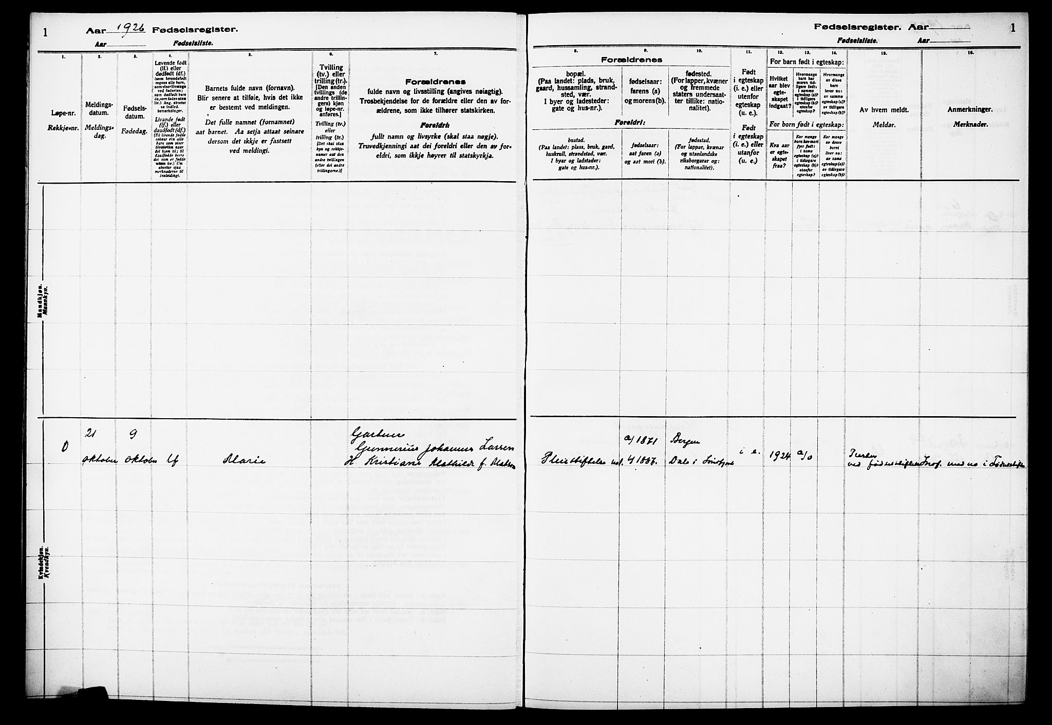 Fødselsregister nr. A 1, 1926-1929, s. 1