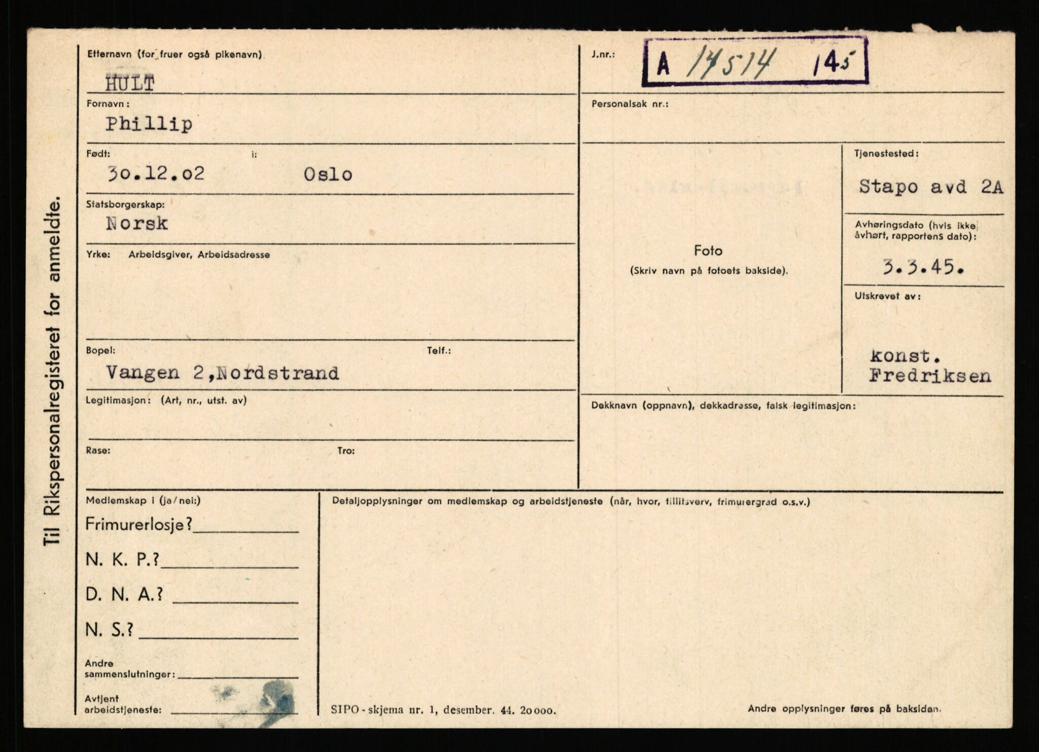 Statspolitiet - Hovedkontoret / Osloavdelingen, AV/RA-S-1329/C/Ca/L0007: Hol - Joelsen, 1943-1945, s. 1229