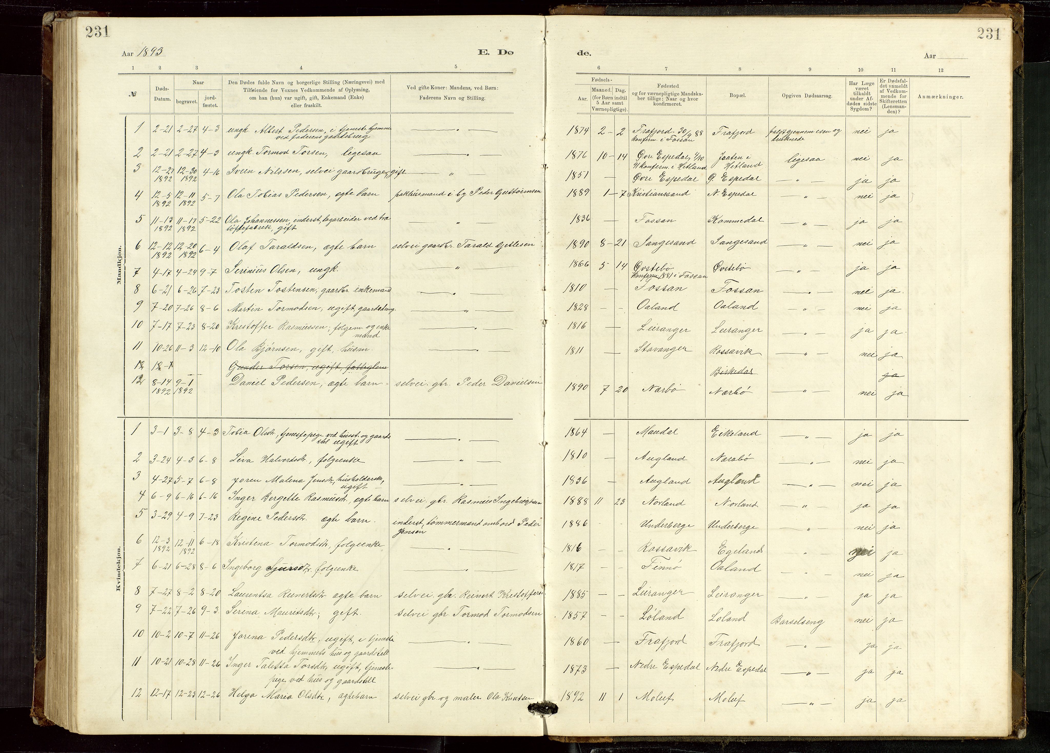 Høgsfjord sokneprestkontor, SAST/A-101624/H/Ha/Hab/L0009: Klokkerbok nr. B 9, 1883-1920, s. 231