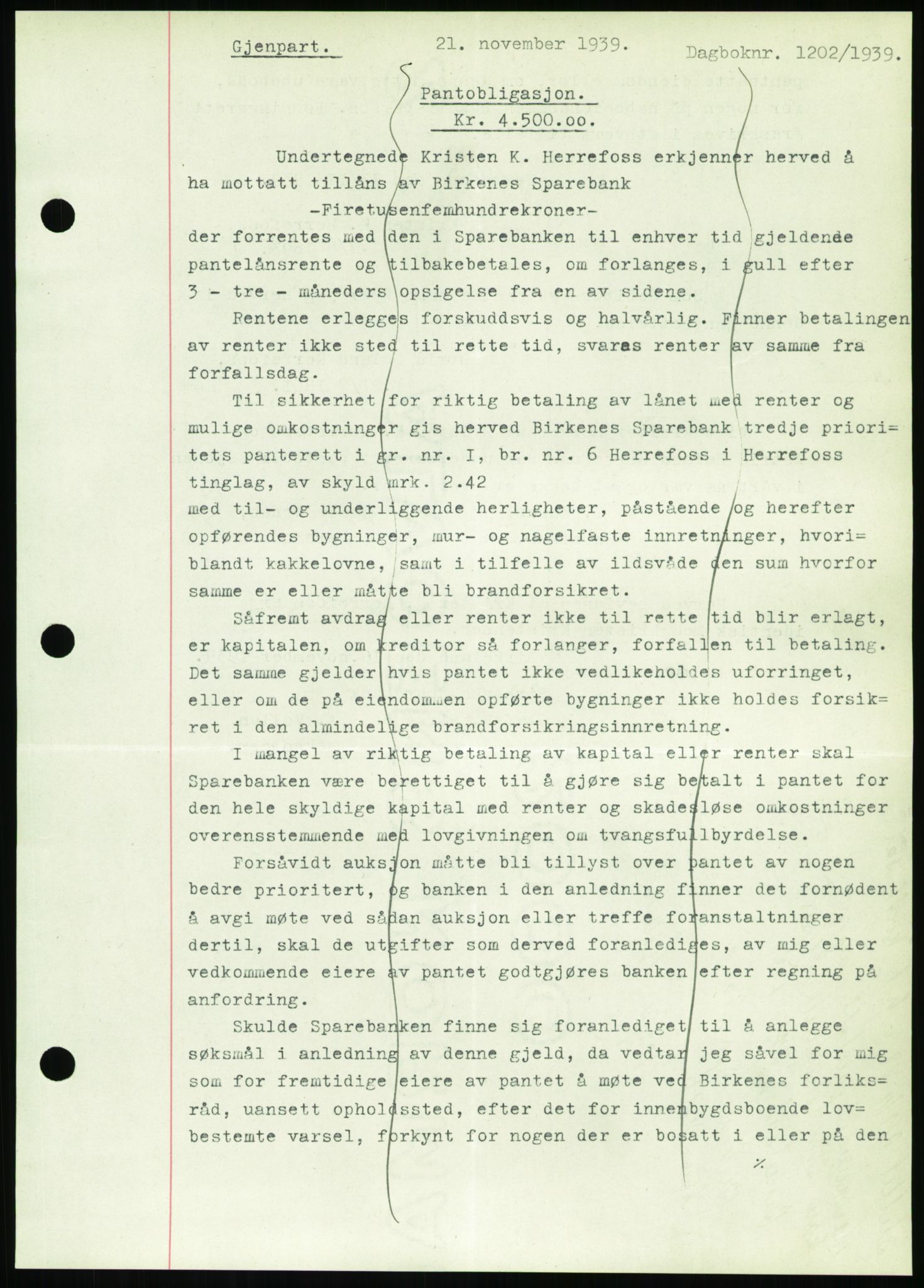 Nedenes sorenskriveri, SAK/1221-0006/G/Gb/Gbb/L0001: Pantebok nr. I, 1939-1942, Dagboknr: 1202/1939