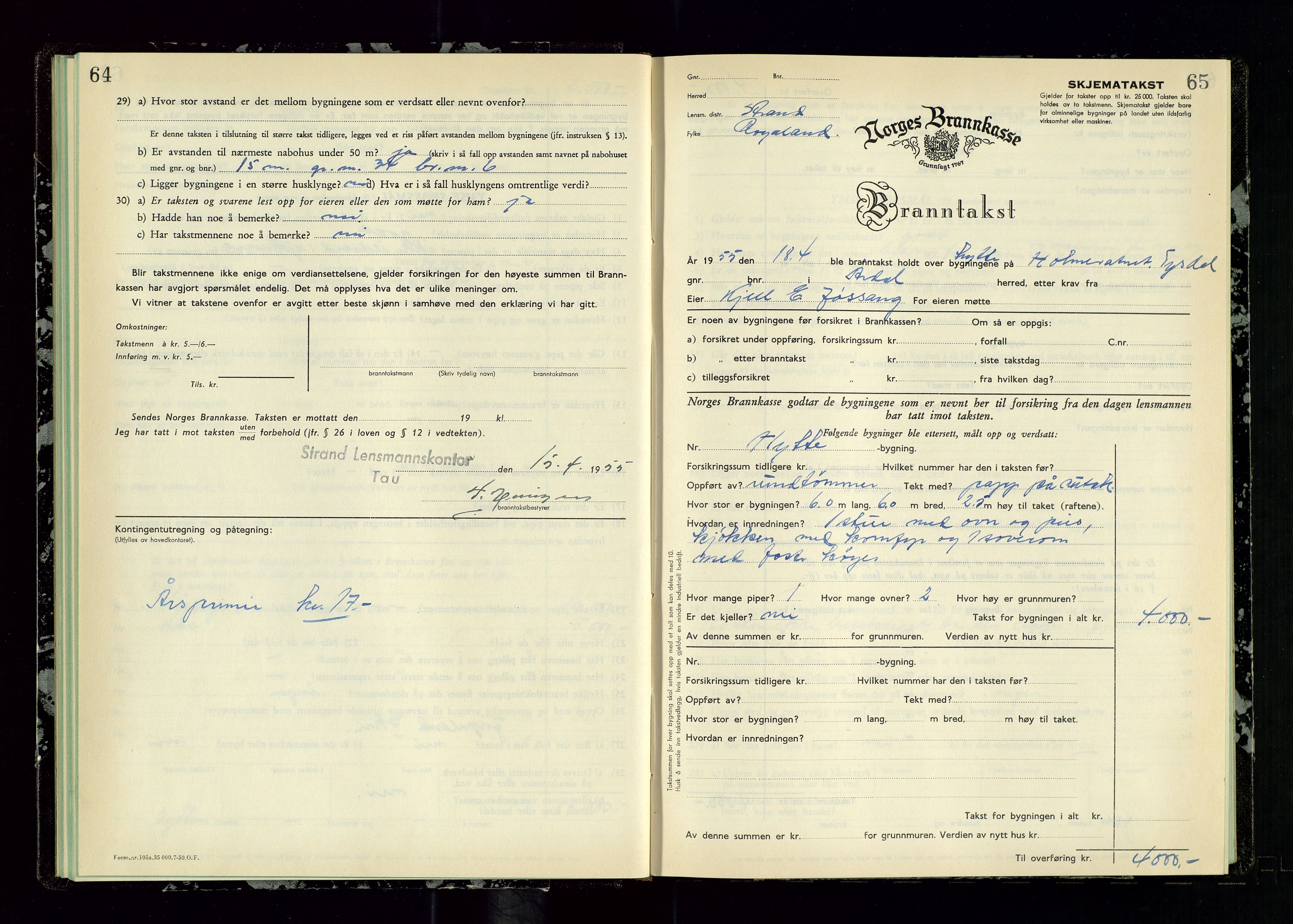 Strand og Forsand lensmannskontor, SAST/A-100451/Gob/L0003: Branntakstprotokoll, 1953-1955, s. 64-65