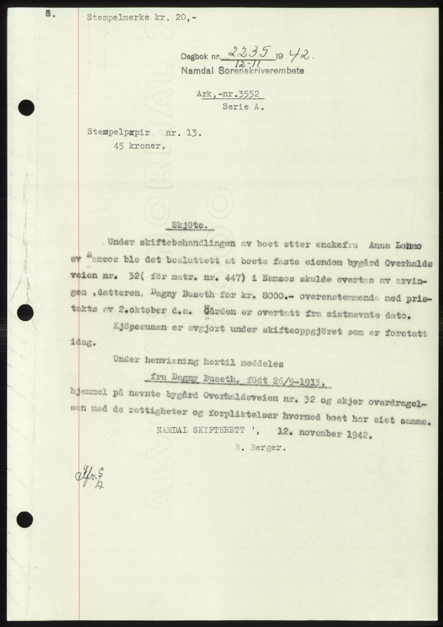 Namdal sorenskriveri, SAT/A-4133/1/2/2C: Pantebok nr. -, 1942-1943, Dagboknr: 2235/1942