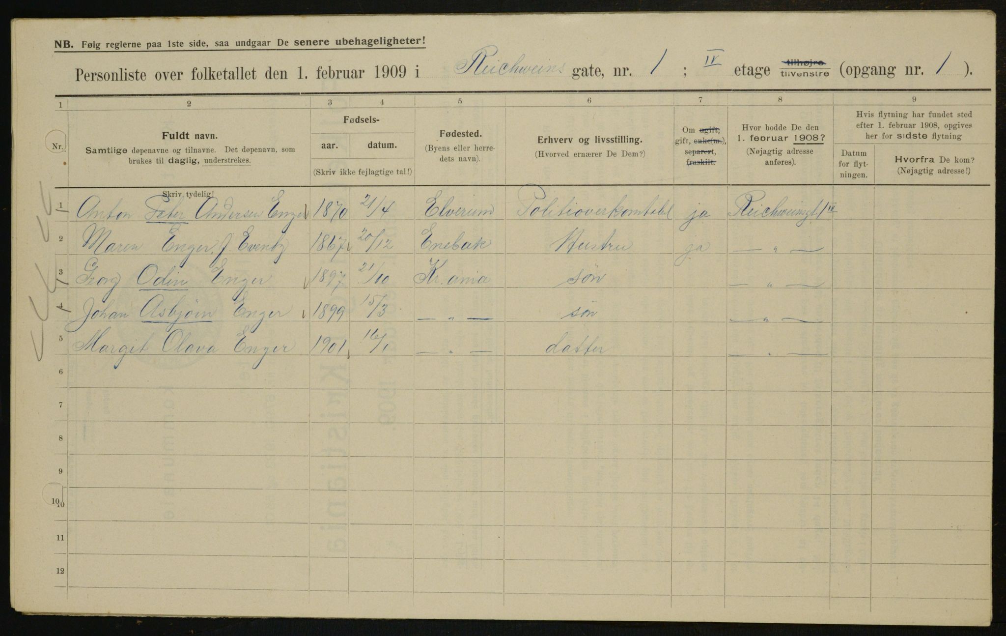 OBA, Kommunal folketelling 1.2.1909 for Kristiania kjøpstad, 1909, s. 74939