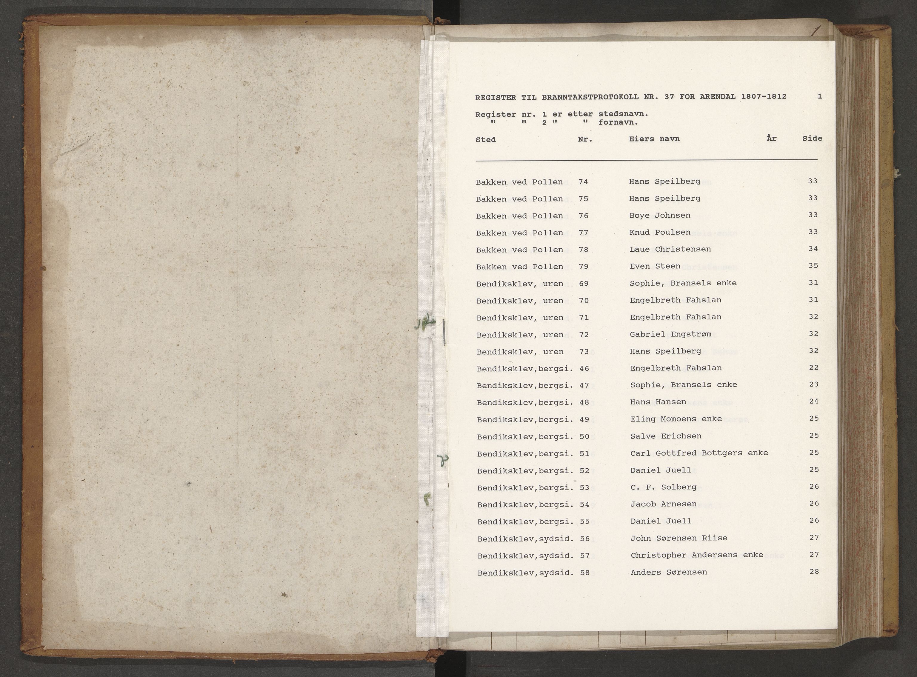 Norges Brannkasse Arendal, AV/SAK-2241-0002/F/Fa/L0039: Brannforsikringsprotokoll nr. 37 med steds- og fornavnsregister, 1807-1817