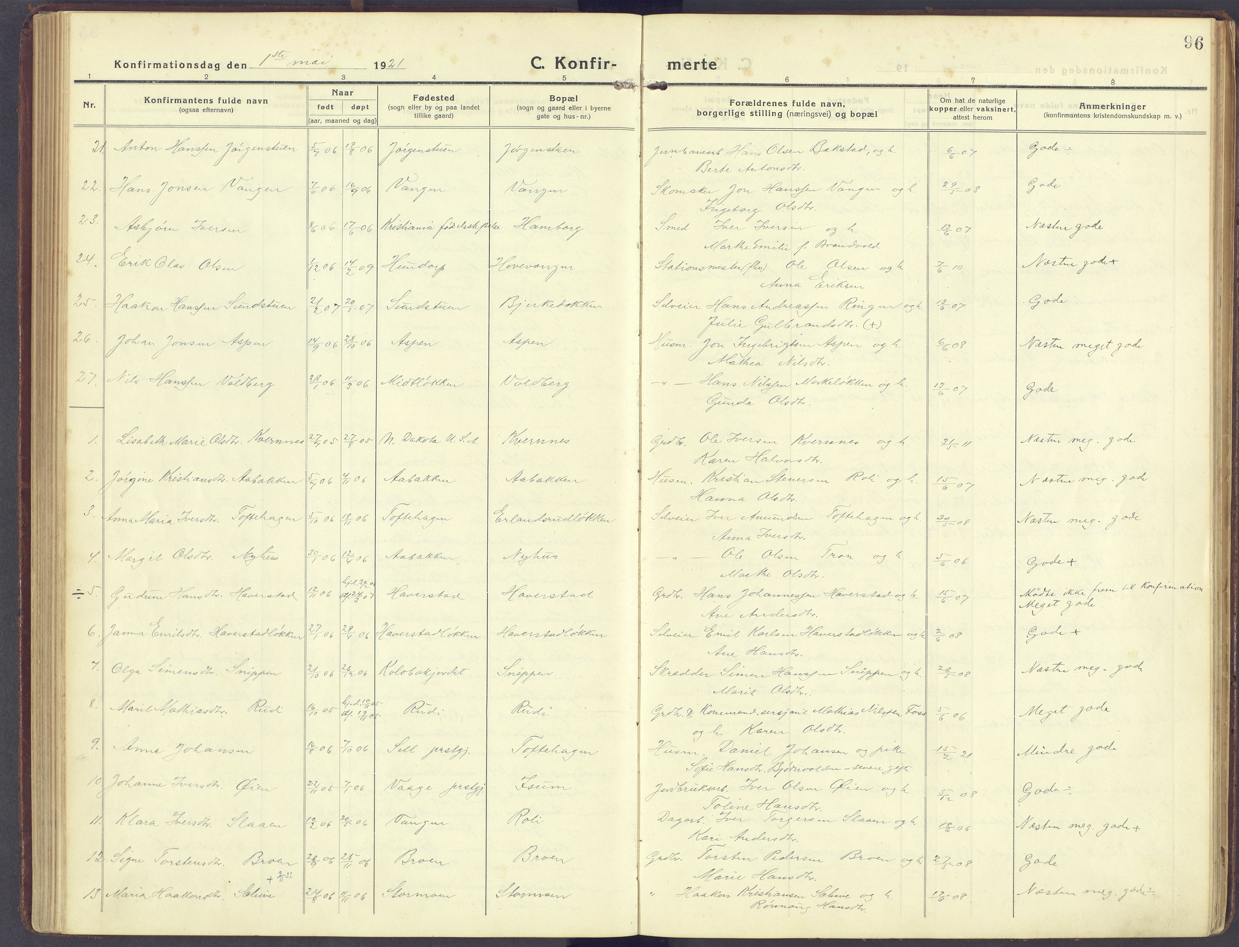 Sør-Fron prestekontor, AV/SAH-PREST-010/H/Ha/Haa/L0005: Ministerialbok nr. 5, 1920-1933, s. 96