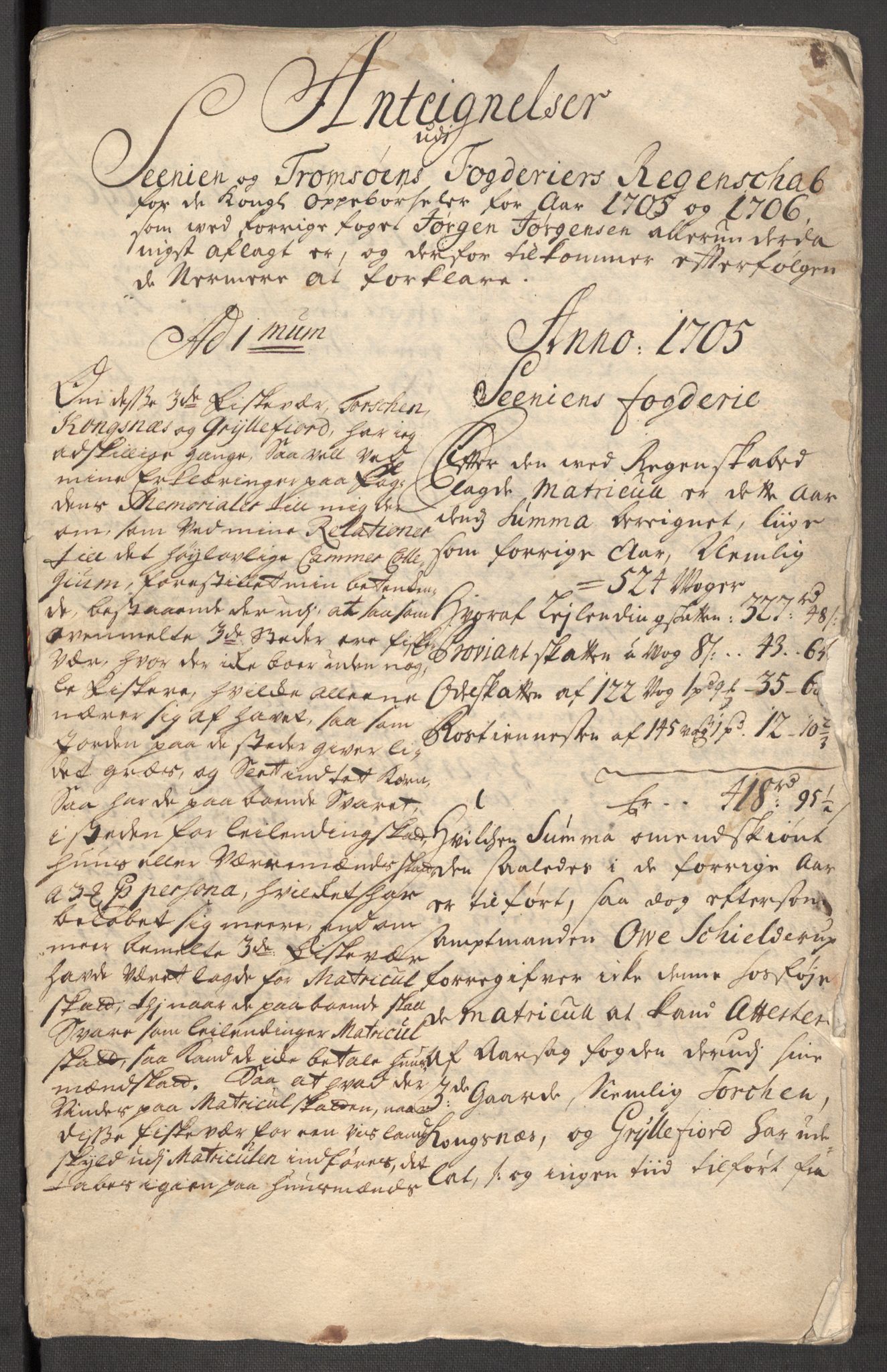 Rentekammeret inntil 1814, Reviderte regnskaper, Fogderegnskap, RA/EA-4092/R68/L4756: Fogderegnskap Senja og Troms, 1705-1707, s. 154