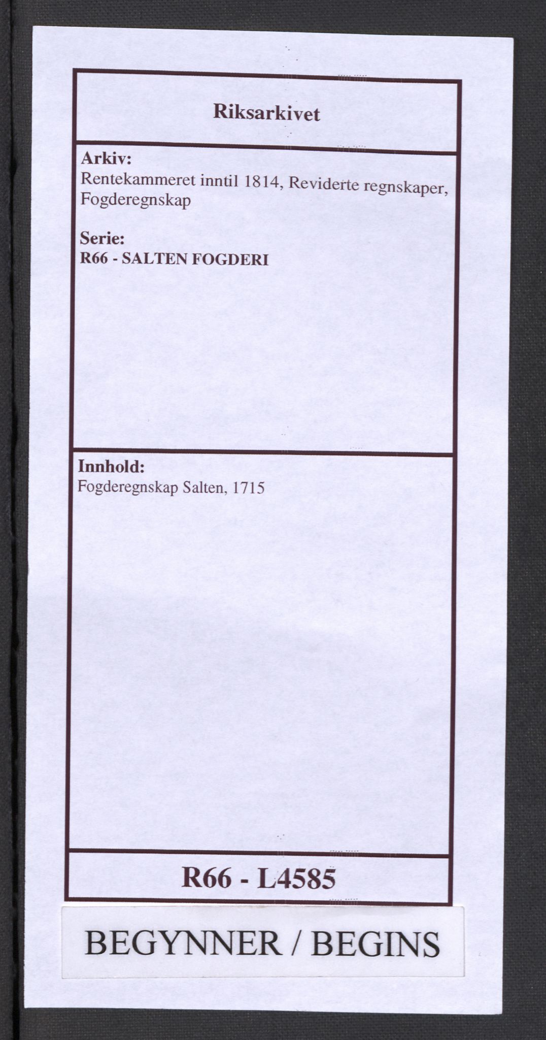 Rentekammeret inntil 1814, Reviderte regnskaper, Fogderegnskap, RA/EA-4092/R66/L4585: Fogderegnskap Salten, 1715, s. 1