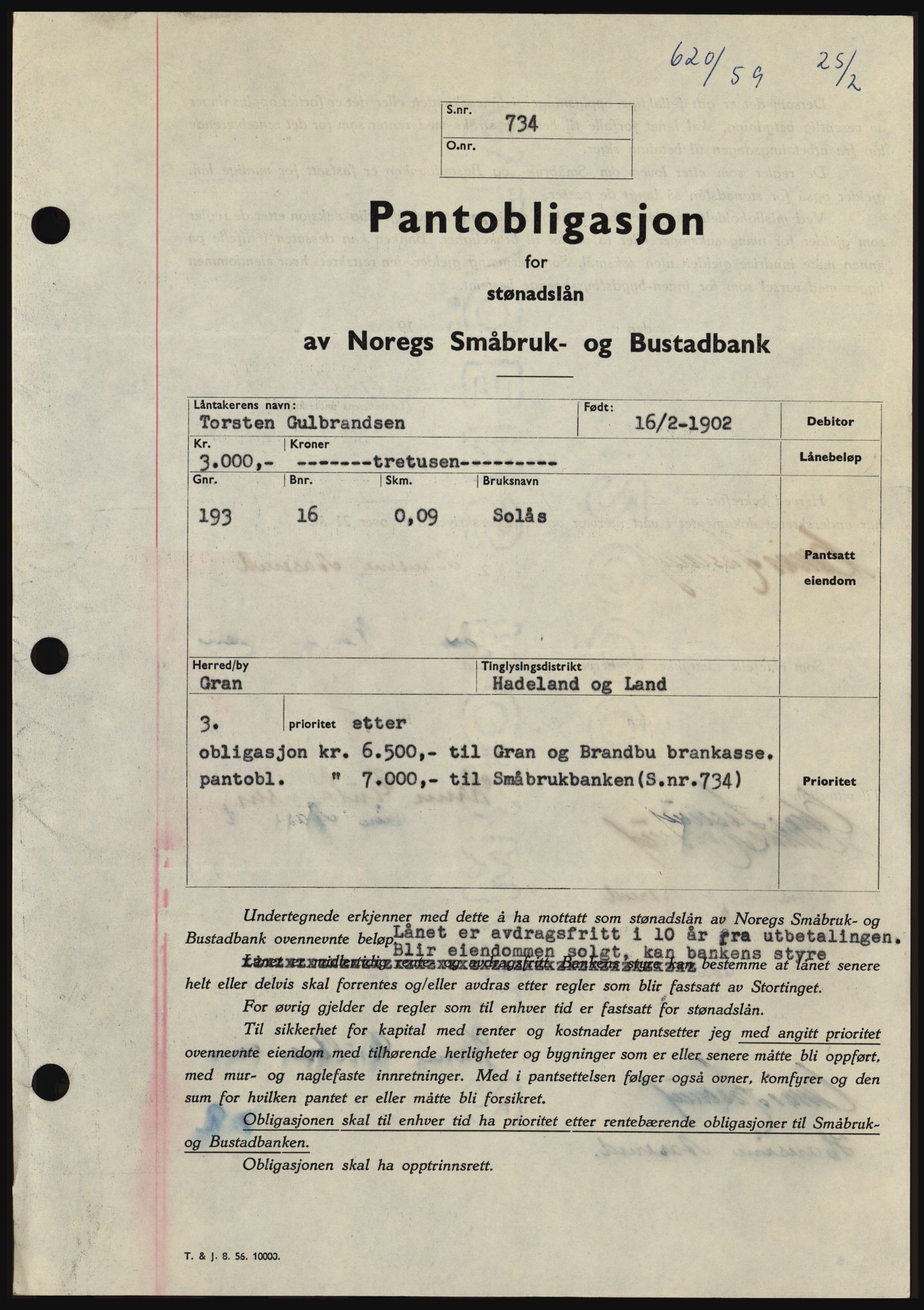 Hadeland og Land tingrett, SAH/TING-010/H/Hb/Hbc/L0040: Pantebok nr. B40, 1959-1959, Dagboknr: 620/1959