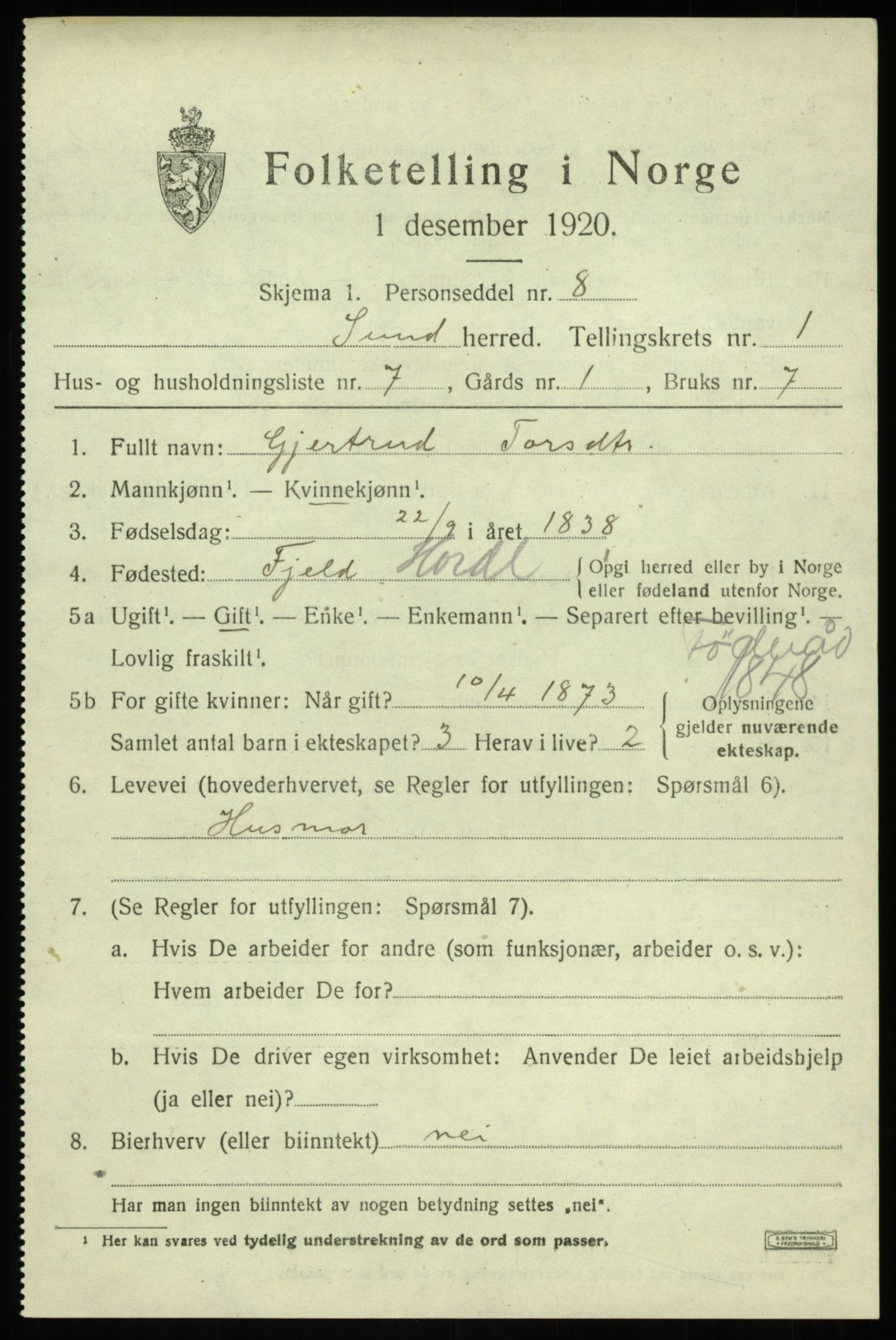 SAB, Folketelling 1920 for 1245 Sund herred, 1920, s. 1009