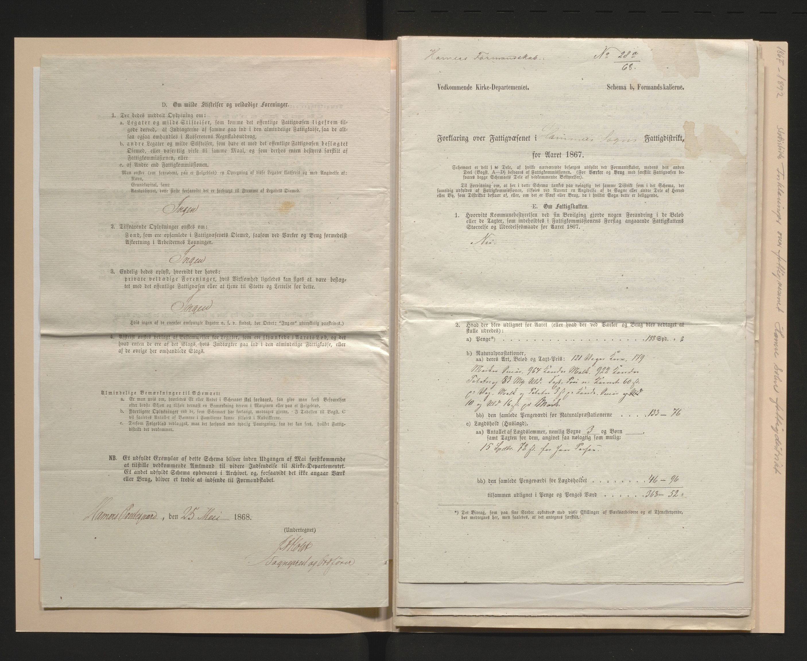 Hamre kommune. Fattigstyret, IKAH/1254-311/S/Sa/L0001/0002: Statistikk. Forklaringar over fattigvesenet  / Statistikk. Forklaringar over fattigvesenet Hamre sokn fattigdistrikt , 1867-1892