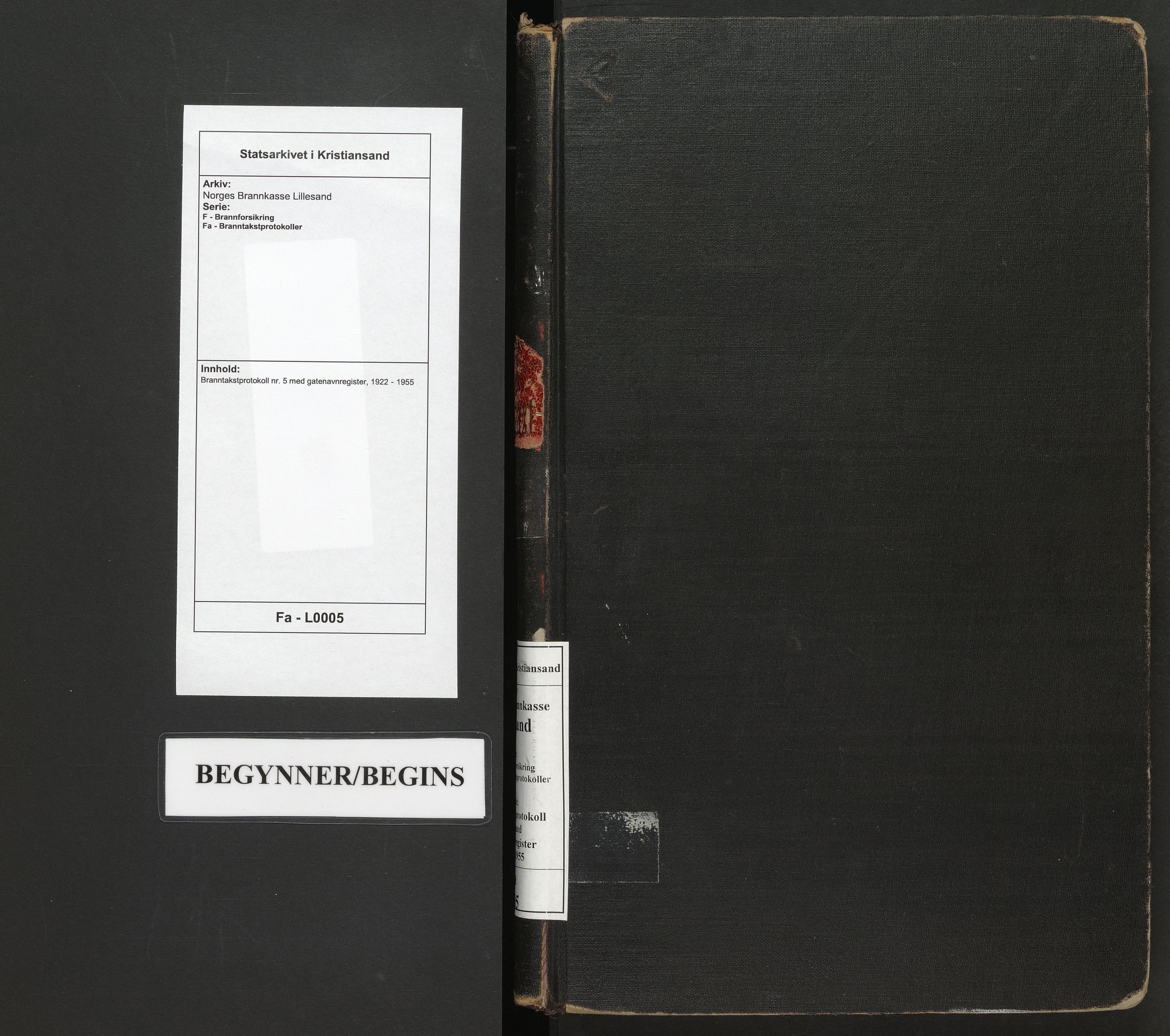 Norges Brannkasse Lillesand, SAK/2241-0033/F/Fa/L0005: Branntakstprotokoll nr. 5 med gatenavnregister, 1922-1955