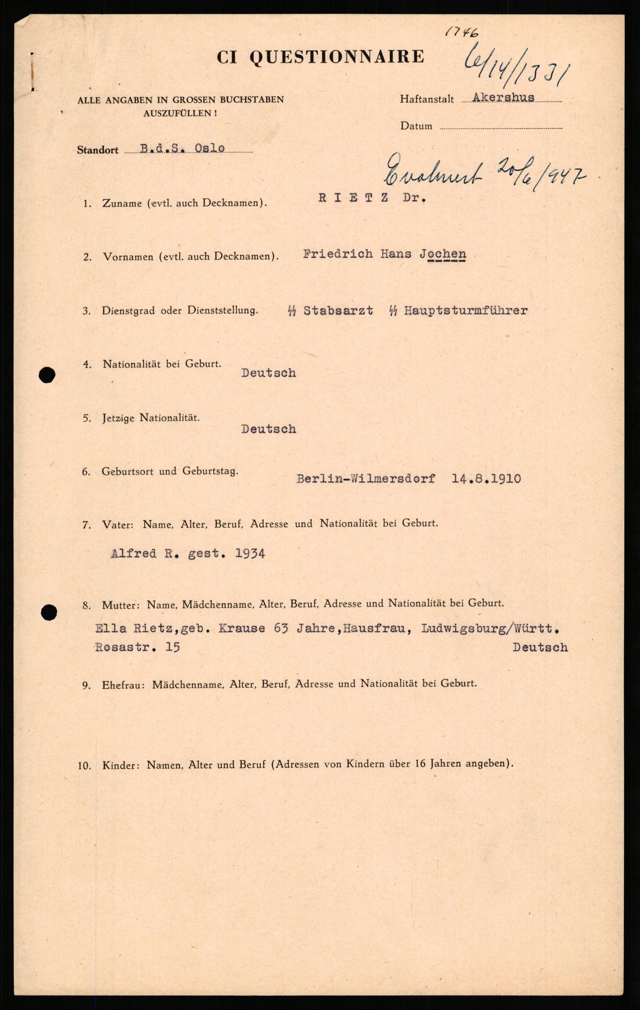 Forsvaret, Forsvarets overkommando II, AV/RA-RAFA-3915/D/Db/L0027: CI Questionaires. Tyske okkupasjonsstyrker i Norge. Tyskere., 1945-1946, s. 403