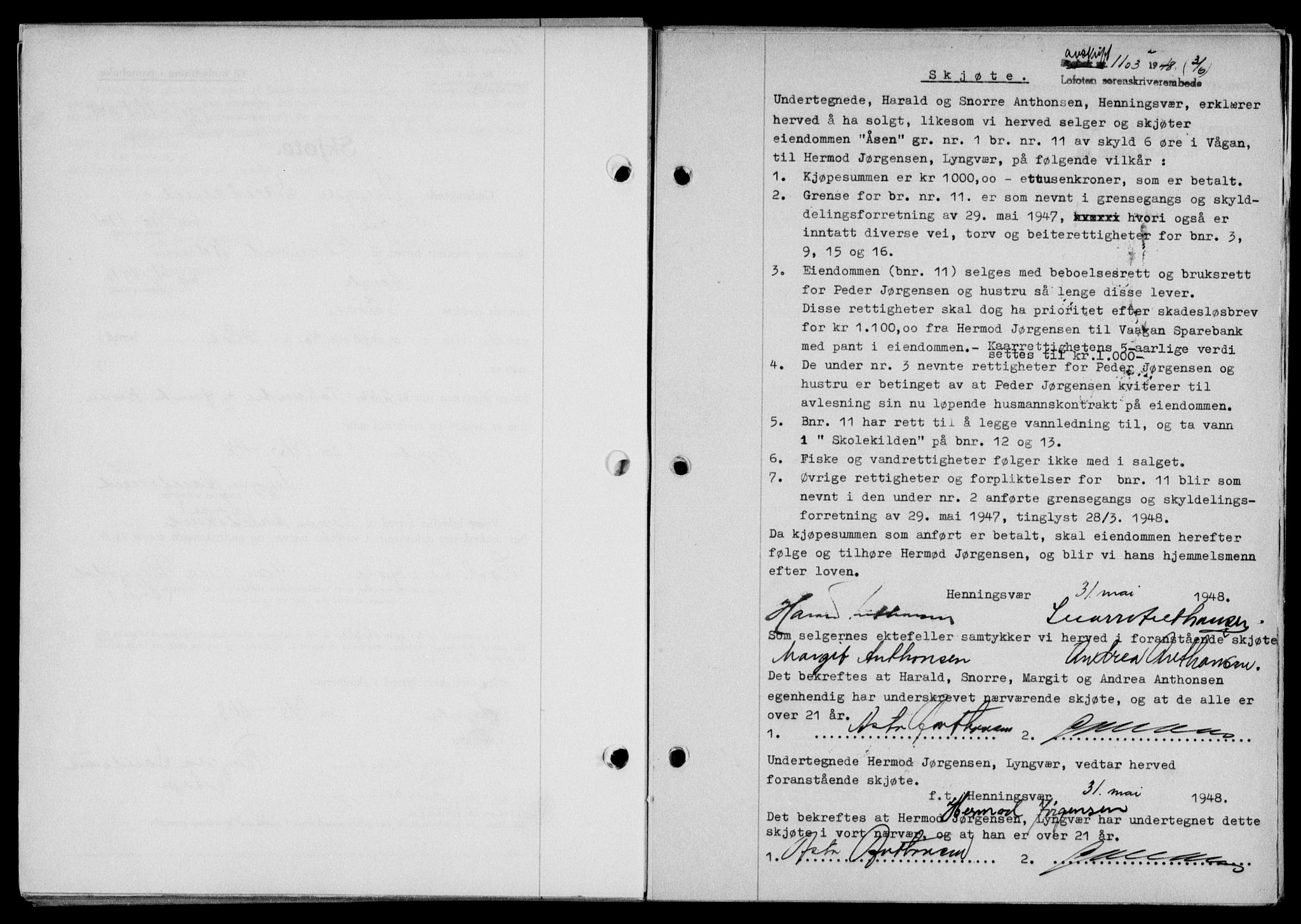 Lofoten sorenskriveri, SAT/A-0017/1/2/2C/L0018a: Pantebok nr. 18a, 1948-1948, Dagboknr: 1103/1948