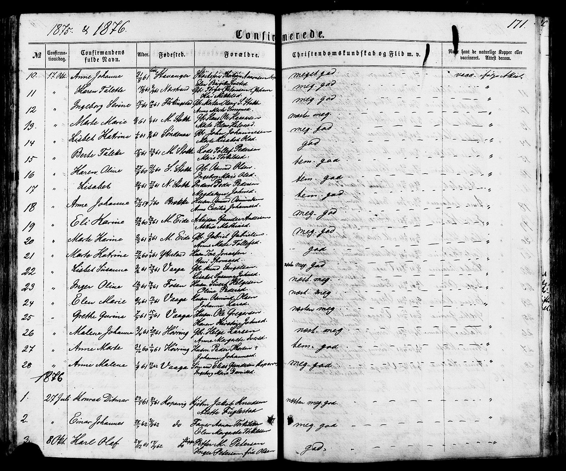 Avaldsnes sokneprestkontor, AV/SAST-A -101851/H/Ha/Haa/L0011: Ministerialbok nr. A 11, 1861-1880, s. 171