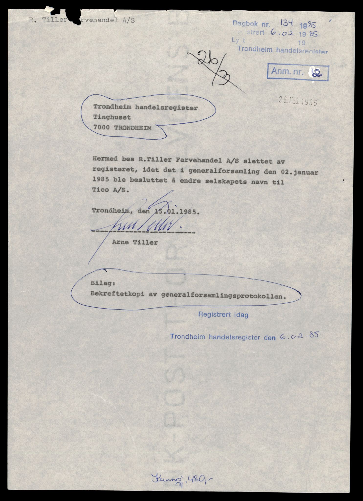 Trondheim byfogd, AV/SAT-A-0003/2/J/Jd/Jdb/L0084: Aksjeselskap, andelslag og borettslag, Ti-Tro, 1982-1985, s. 1