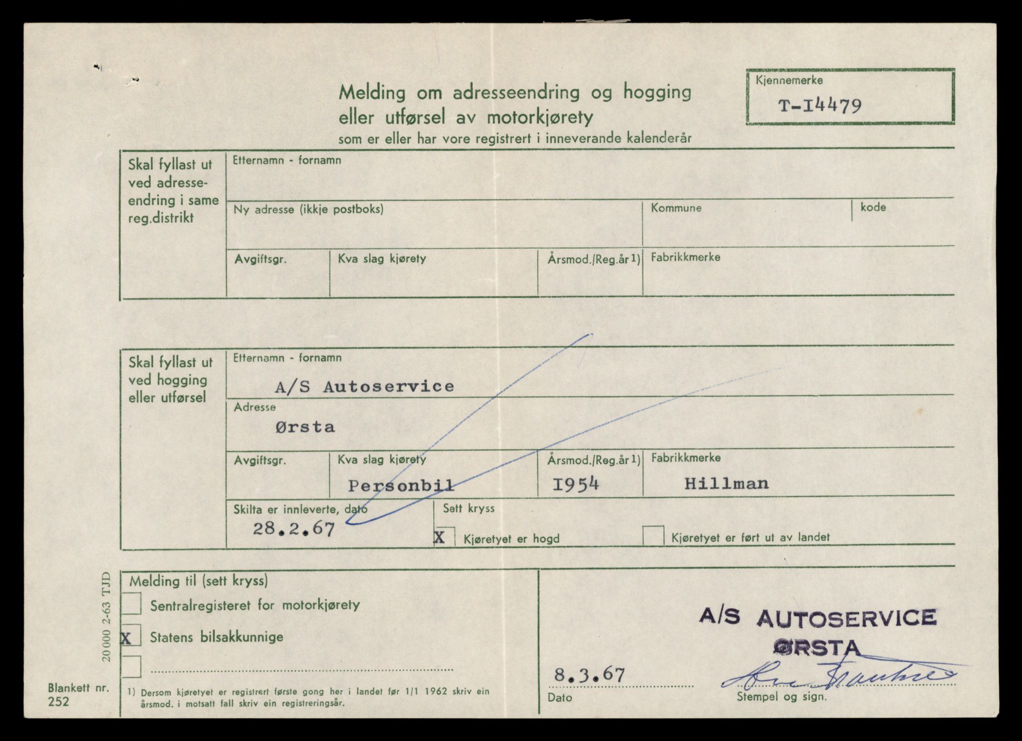 Møre og Romsdal vegkontor - Ålesund trafikkstasjon, AV/SAT-A-4099/F/Fe/L0046: Registreringskort for kjøretøy T 14445 - T 14579, 1927-1998