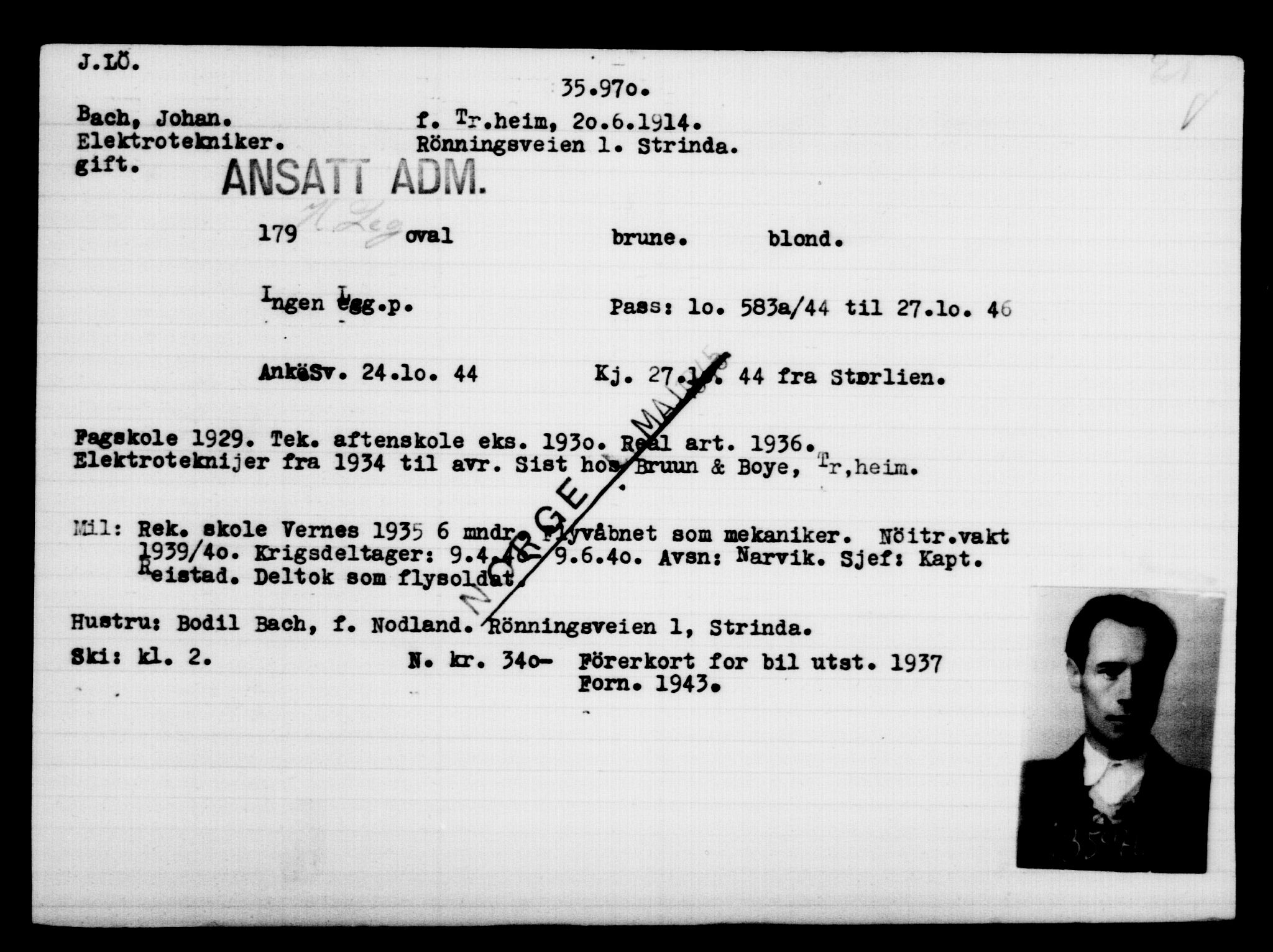 Utenriksstasjonene, Legasjonen i Stockholm, Flyktningkontoret, AV/RA-S-6753/V/Va/L0014: Kjesäterkartoteket, flyktninger med registreringsnr. 34700-37855, 1940-1945, s. 1333