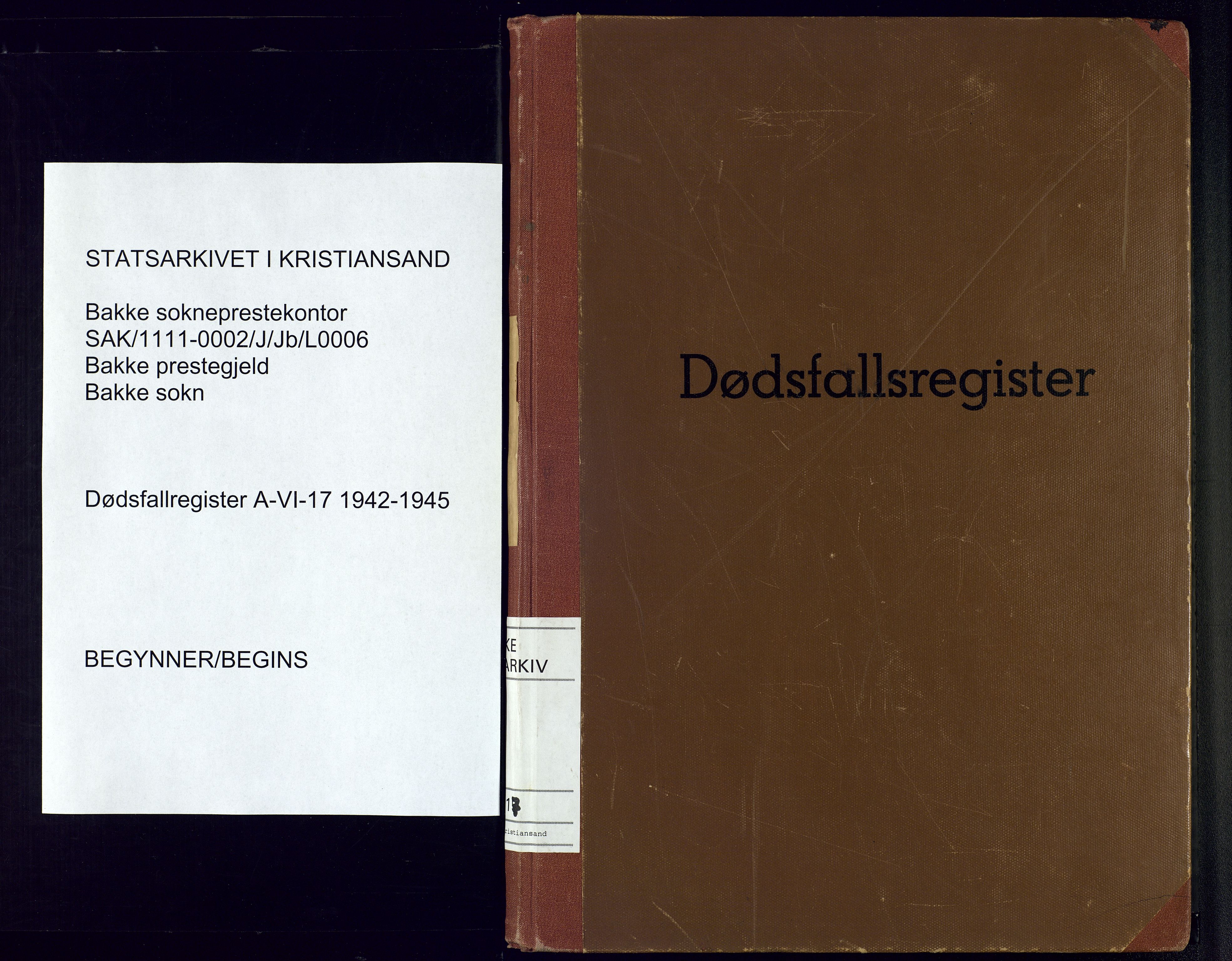 Bakke sokneprestkontor, SAK/1111-0002/J/Jb/L0006: A-VI-17 - Dødsfallsregister Bakke, 1942-1945