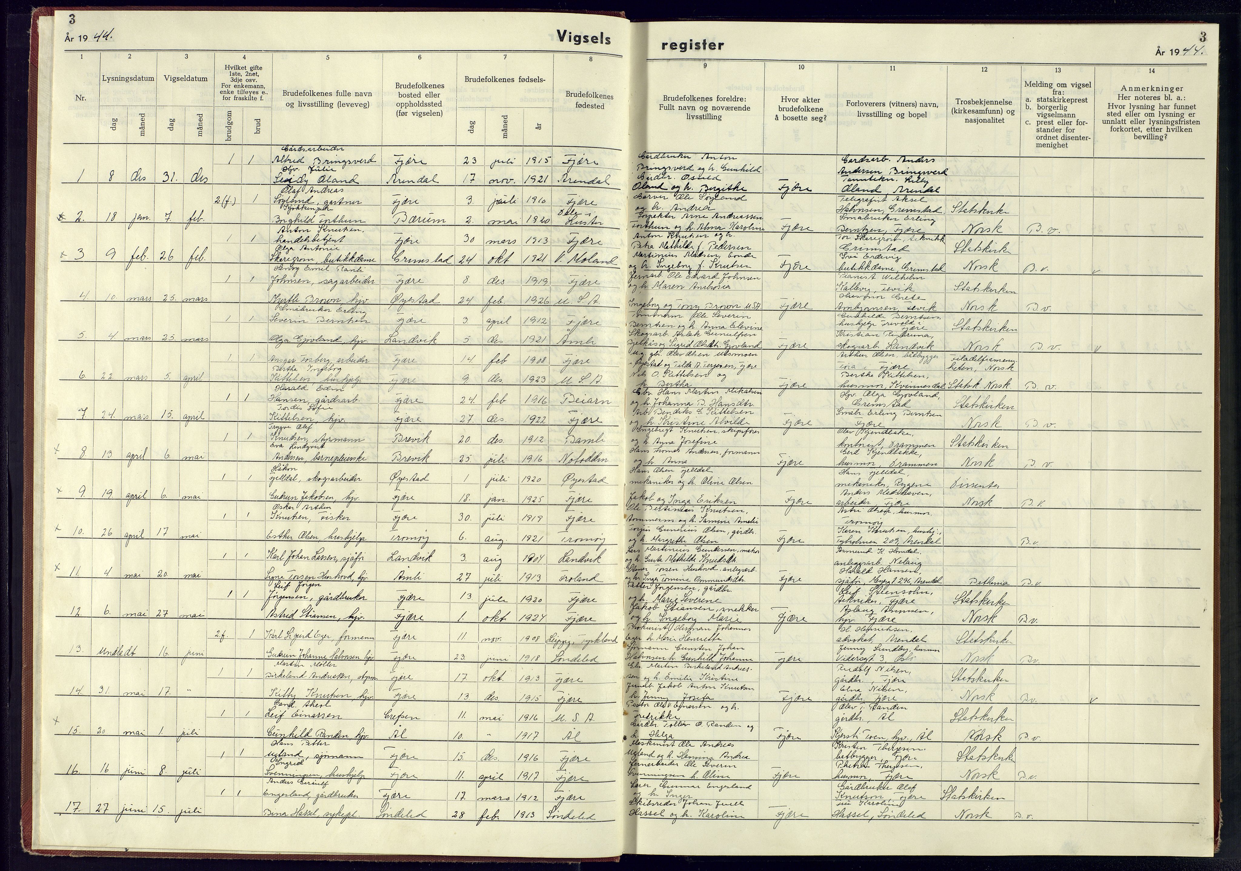 Fjære sokneprestkontor, SAK/1111-0011/J/Je/L0002: Vigselsregister nr. 2, 1943-1945, s. 3