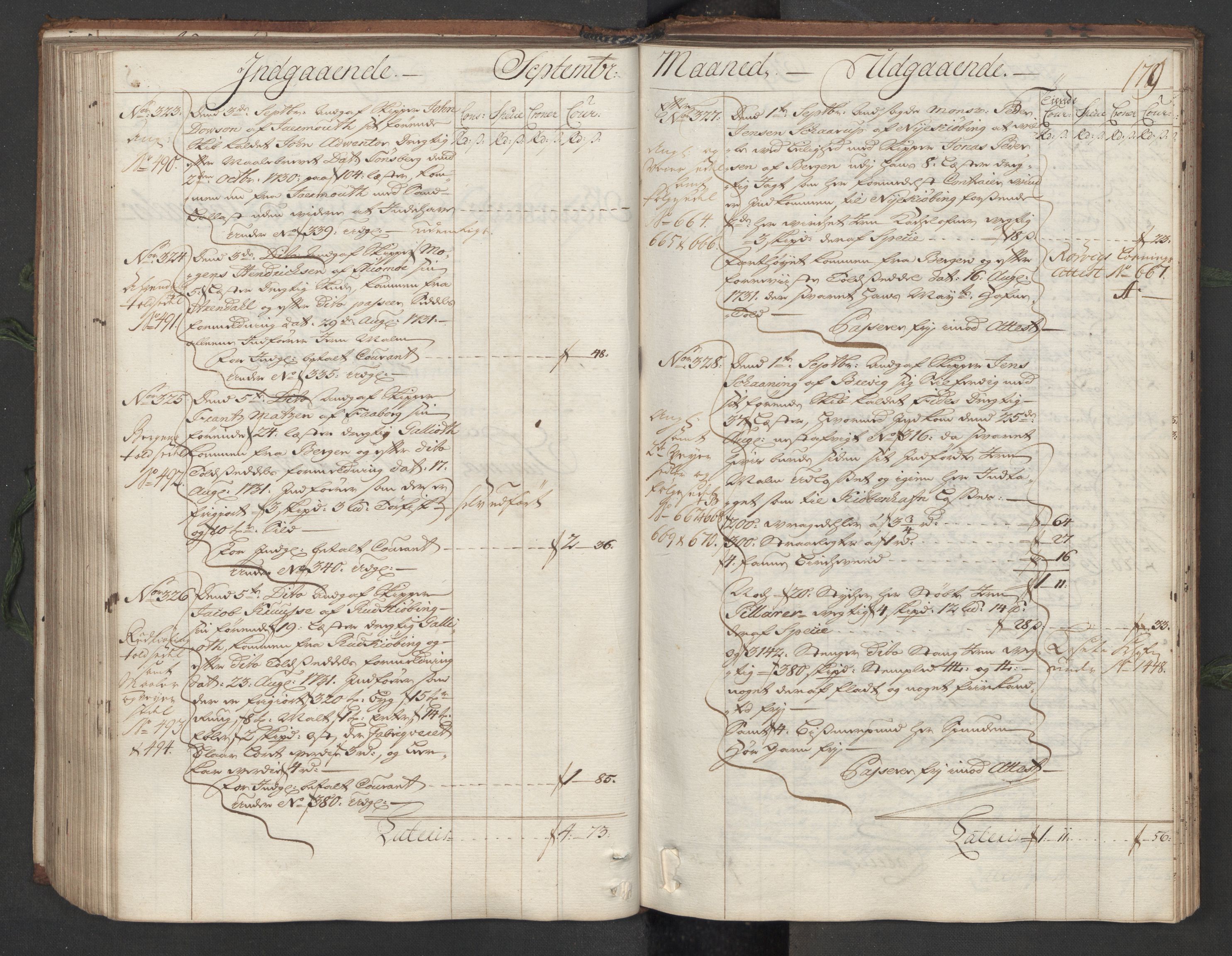 Generaltollkammeret, tollregnskaper, RA/EA-5490/R12/L0007/0001: Tollregnskaper Langesund / Hovedtollbok, 1731, s. 178b-179a