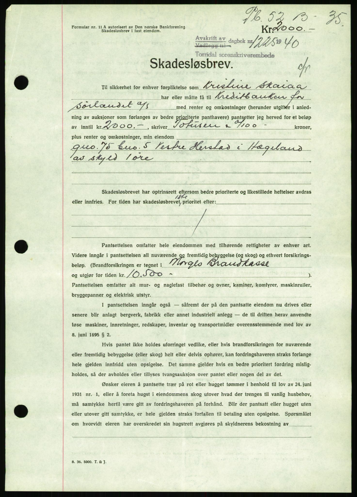 Torridal sorenskriveri, SAK/1221-0012/G/Gb/Gbb/L0008: Pantebok nr. 52b, 1940-1942, Dagboknr: 1225/1940