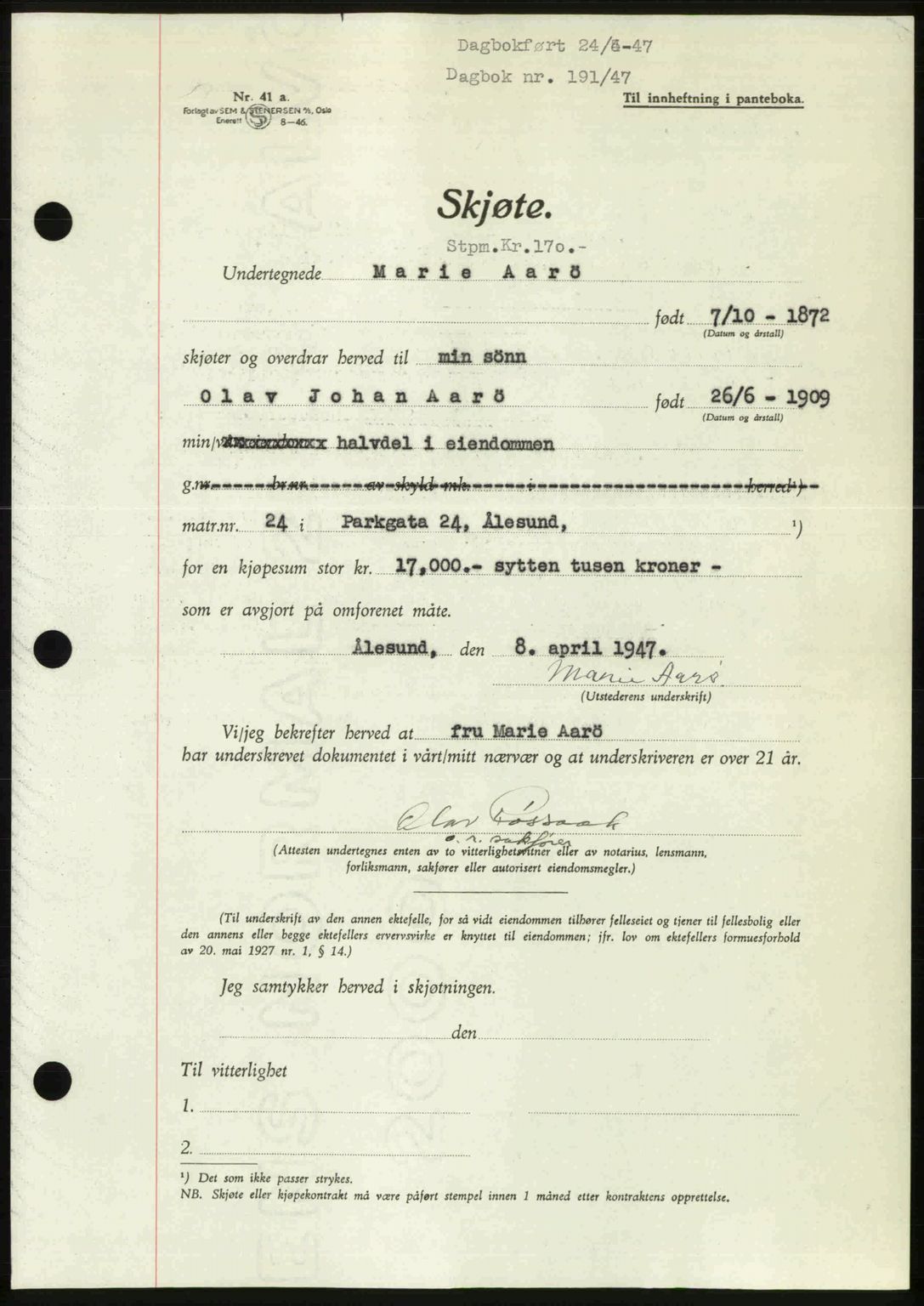 Ålesund byfogd, AV/SAT-A-4384: Pantebok nr. 37A (1), 1947-1949, Dagboknr: 191/1947