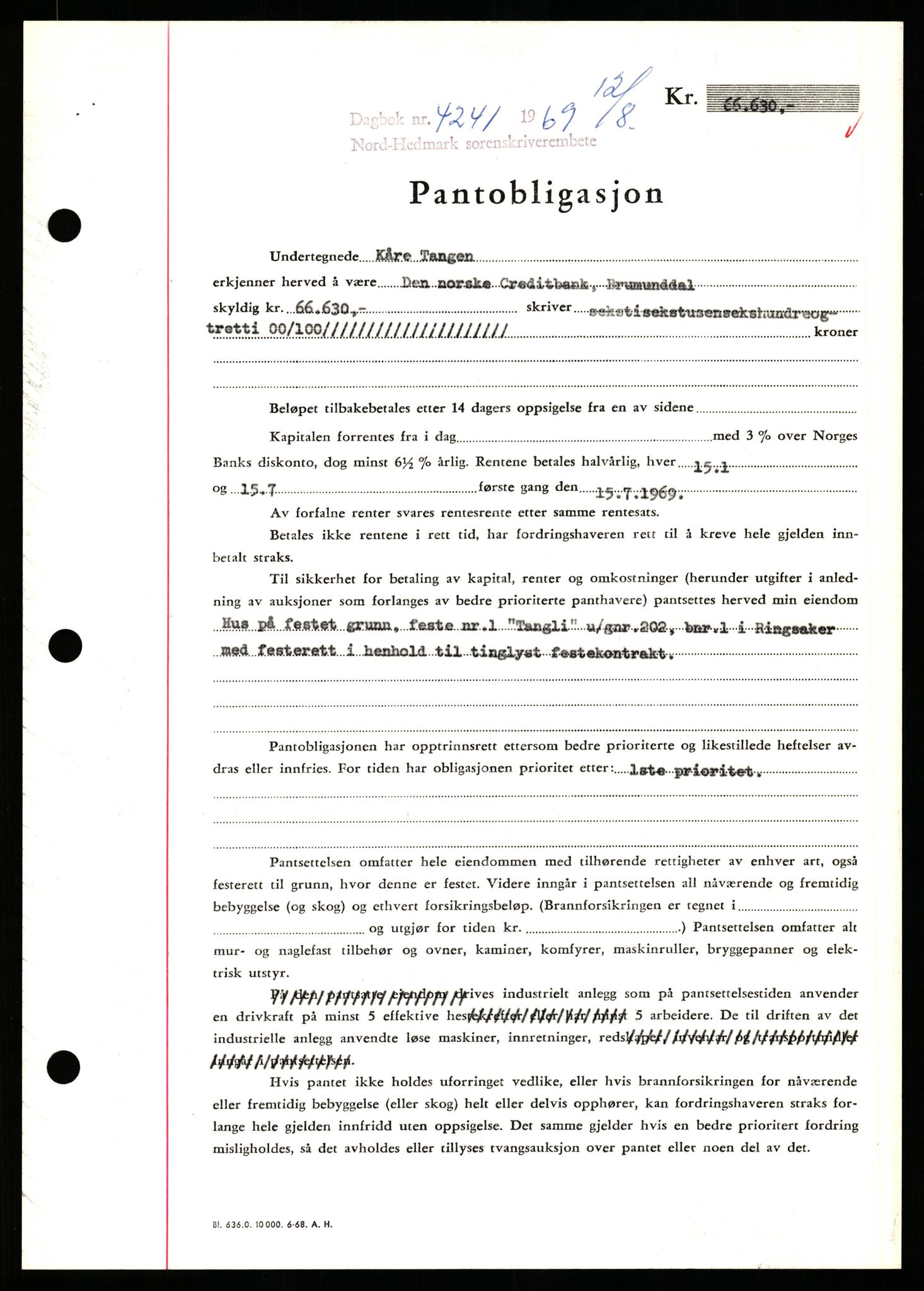 Nord-Hedmark sorenskriveri, SAH/TING-012/H/Hb/Hbf/L0080: Pantebok nr. B80, 1969-1969, Dagboknr: 4241/1969
