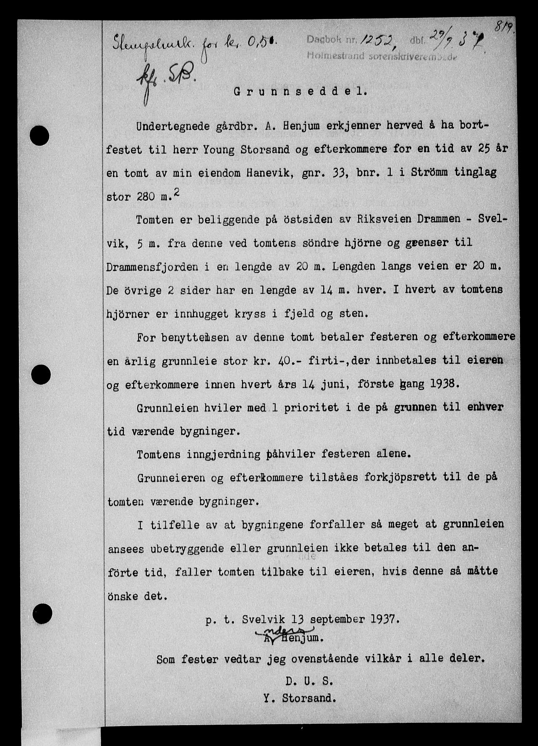 Holmestrand sorenskriveri, SAKO/A-67/G/Ga/Gaa/L0048: Pantebok nr. A-48, 1936-1937, Dagboknr: 1252/1937