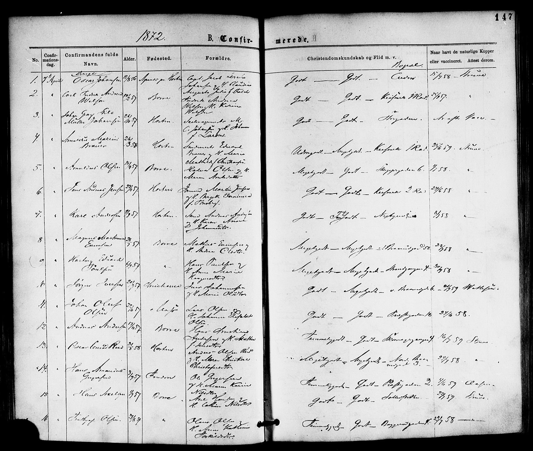 Horten kirkebøker, AV/SAKO-A-348/F/Fa/L0002: Ministerialbok nr. 2, 1872-1877, s. 147