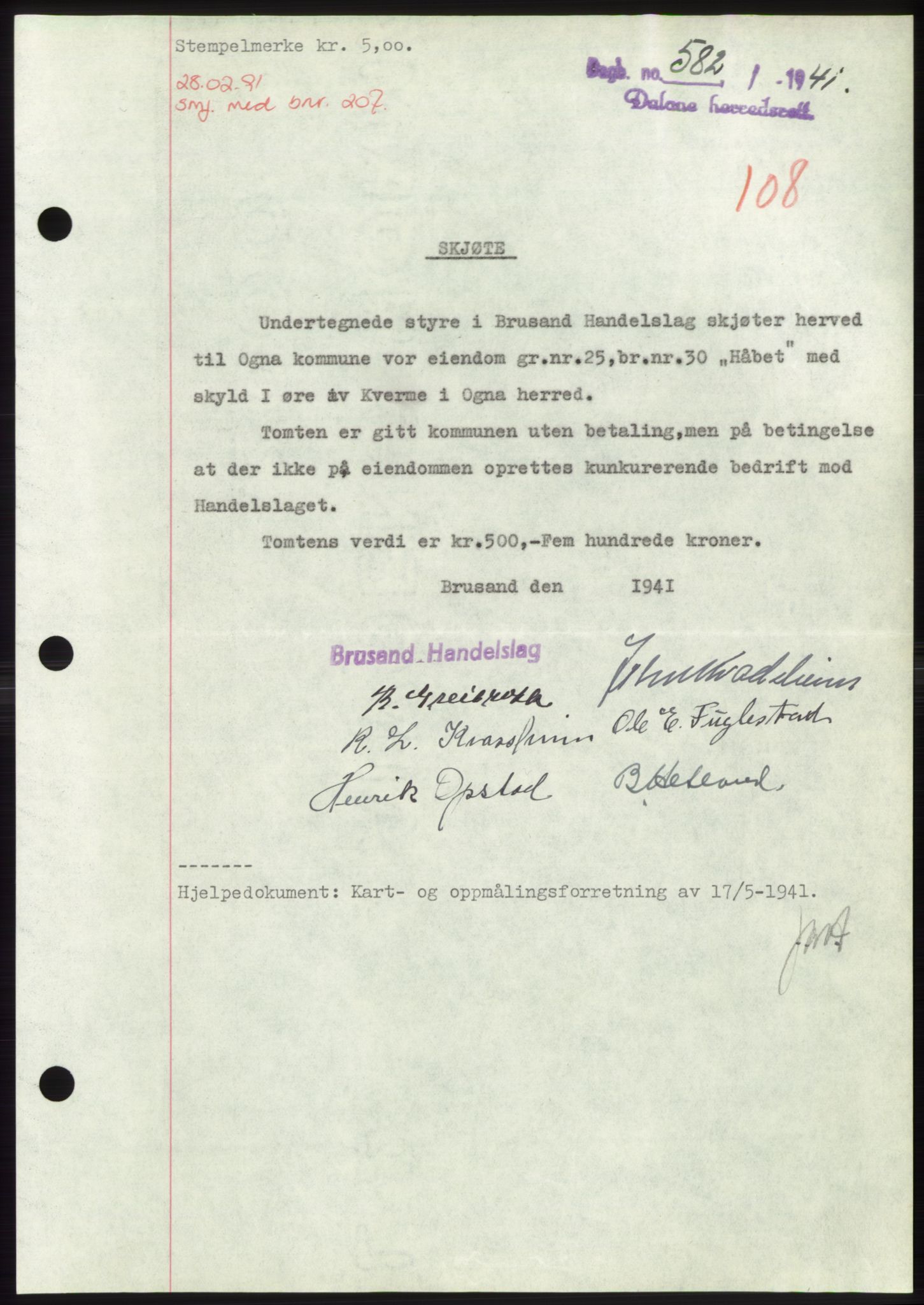 Dalane sorenskriveri, SAST/A-100309/02/G/Gb/L0058: Pantebok, 1926-1950, Tingl.dato: 08.07.1941