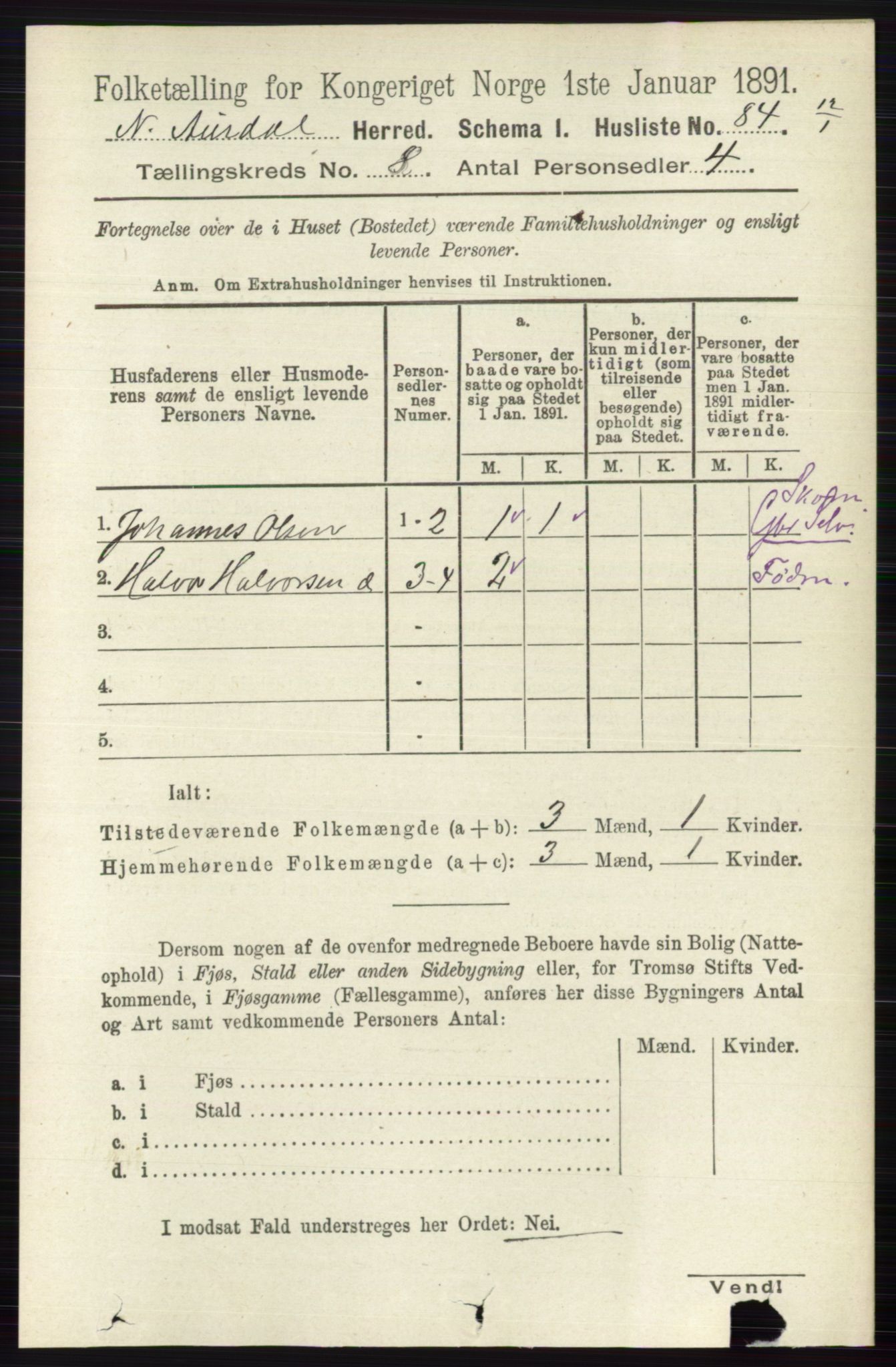 RA, Folketelling 1891 for 0542 Nord-Aurdal herred, 1891, s. 2789