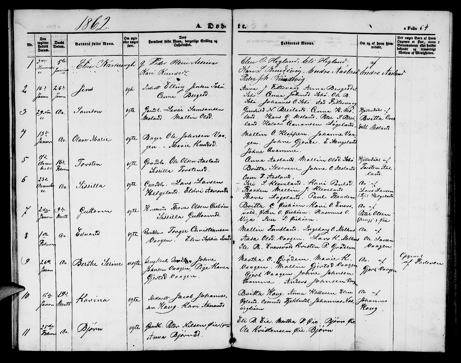 Hjelmeland sokneprestkontor, SAST/A-101843/01/V/L0004: Klokkerbok nr. B 4, 1853-1883, s. 64