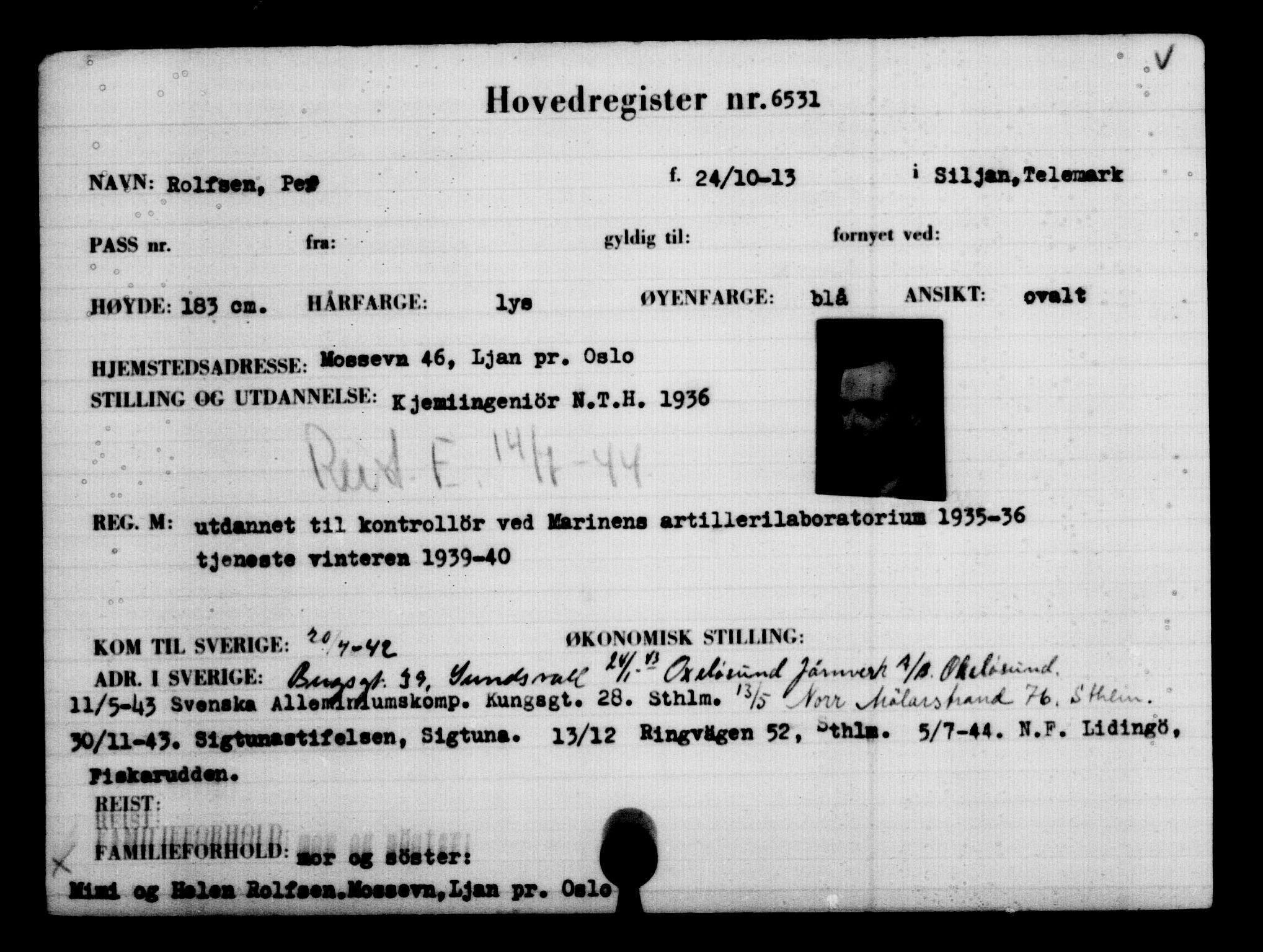 Utenriksstasjonene, Legasjonen i Stockholm, Flyktningkontoret, AV/RA-S-6753/V/Va/L0004: Kjesäterkartoteket, flyktninger med registreringsnr. 3496-6610, 1940-1945, s. 3591