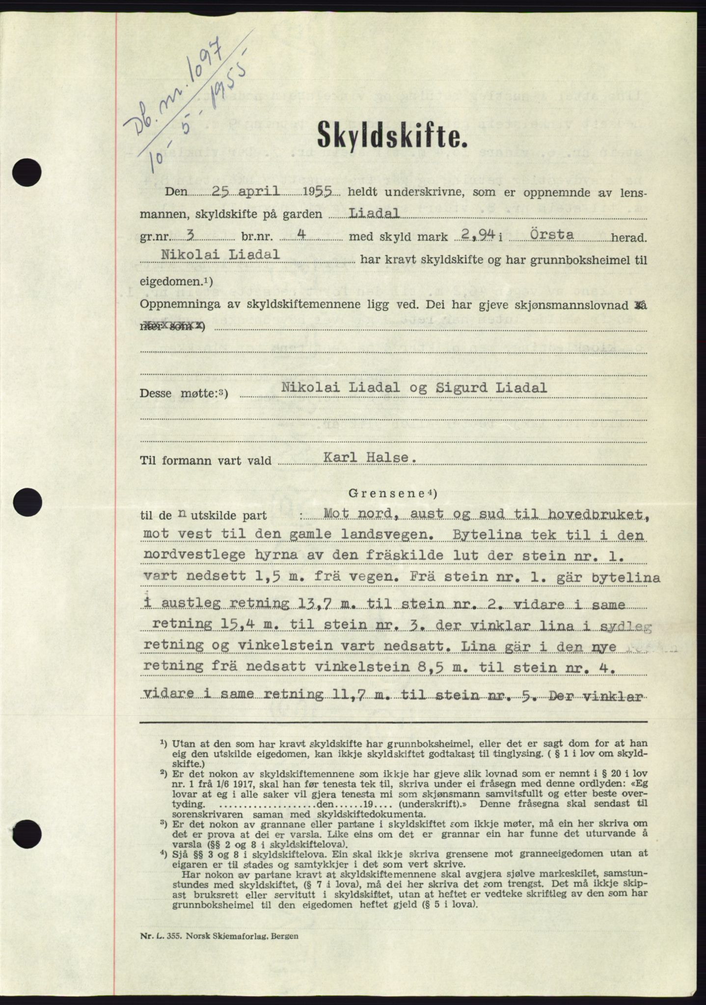 Søre Sunnmøre sorenskriveri, SAT/A-4122/1/2/2C/L0100: Pantebok nr. 26A, 1954-1955, Dagboknr: 1097/1955