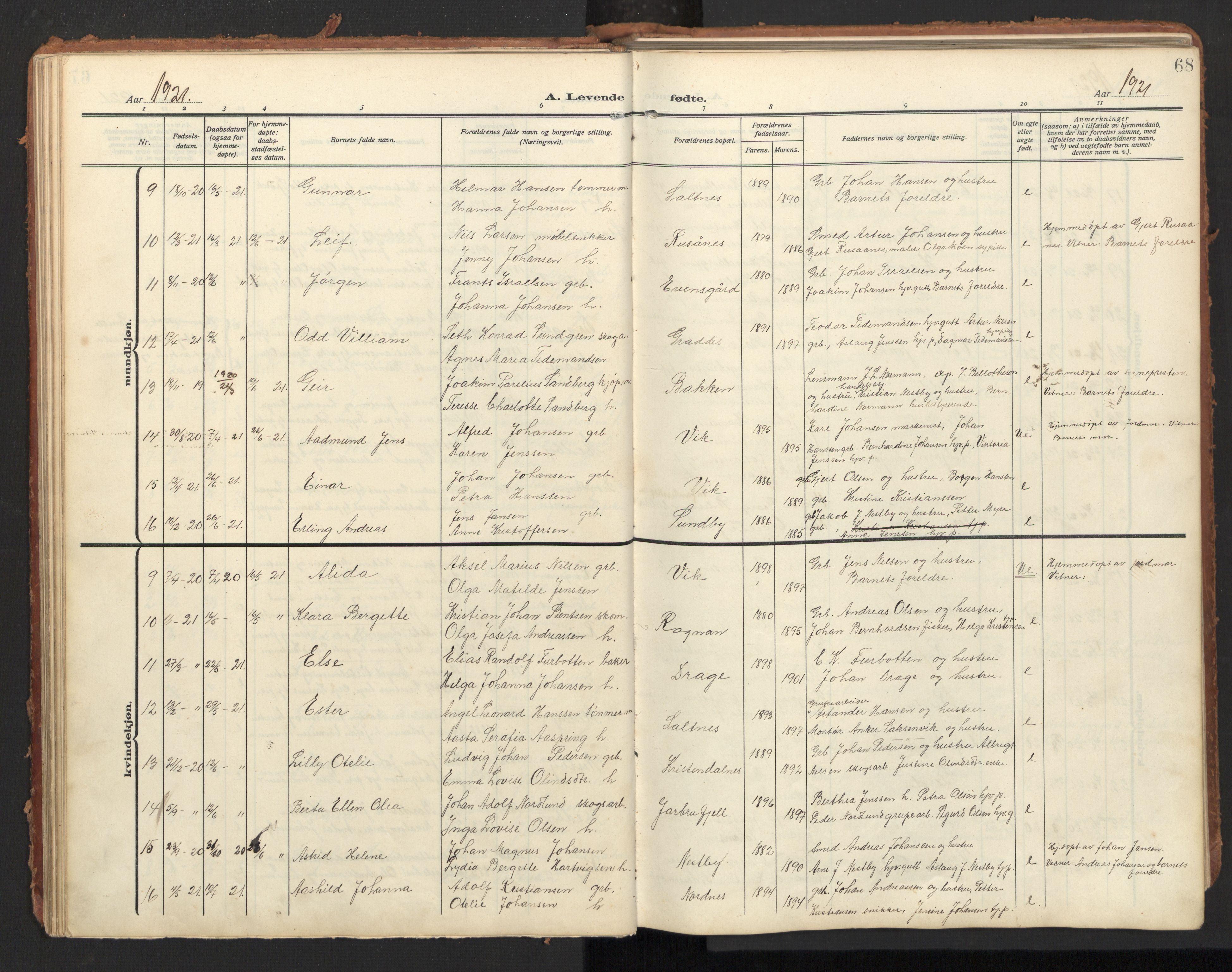Ministerialprotokoller, klokkerbøker og fødselsregistre - Nordland, AV/SAT-A-1459/847/L0683: Klokkerbok nr. 847C11, 1908-1929, s. 68