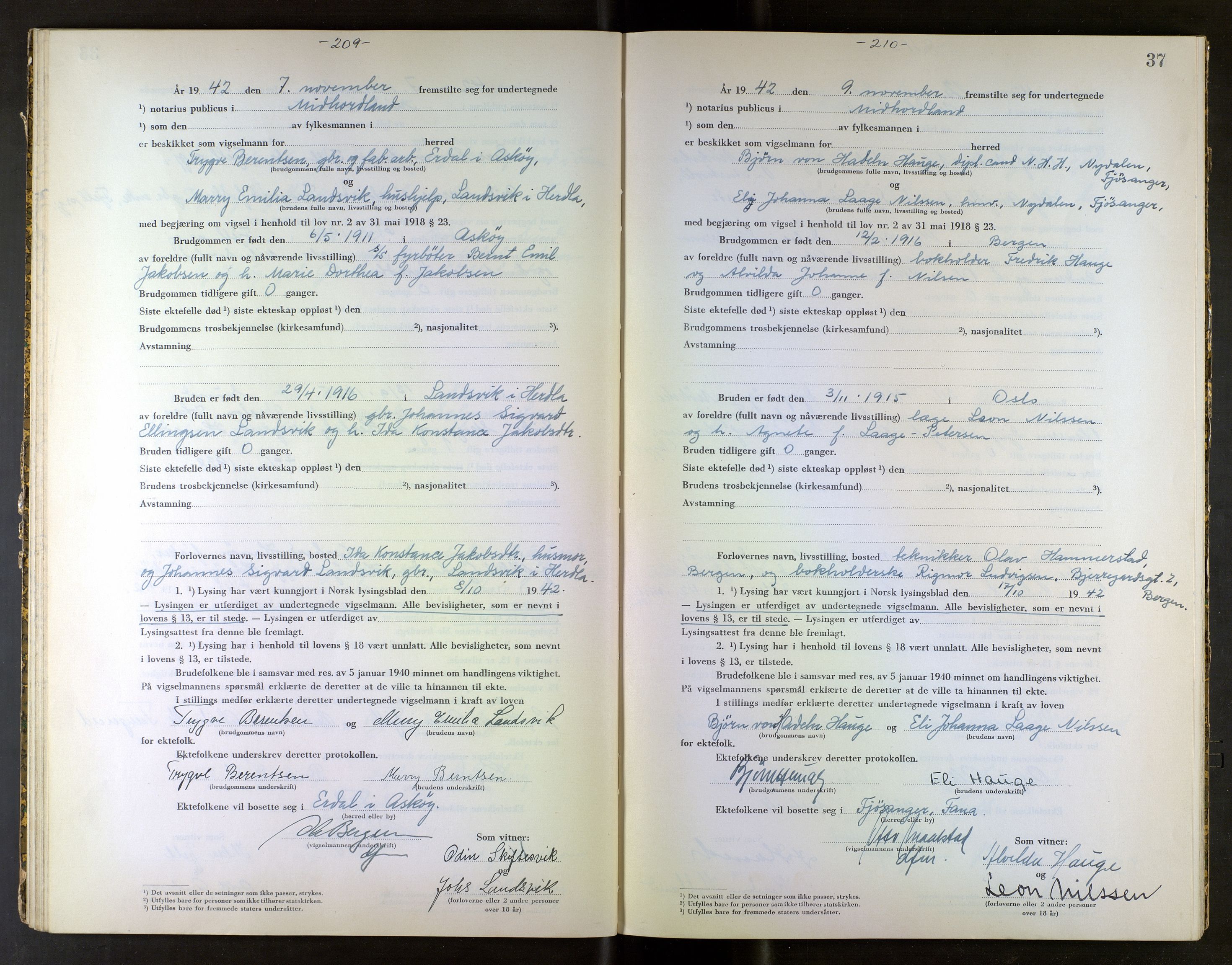 Midhordland sorenskriveri, SAB/A-3001/1/M/Mc/Mca/L0003: Notarialbilag. Vigselbøker, 1942-1943, s. 37
