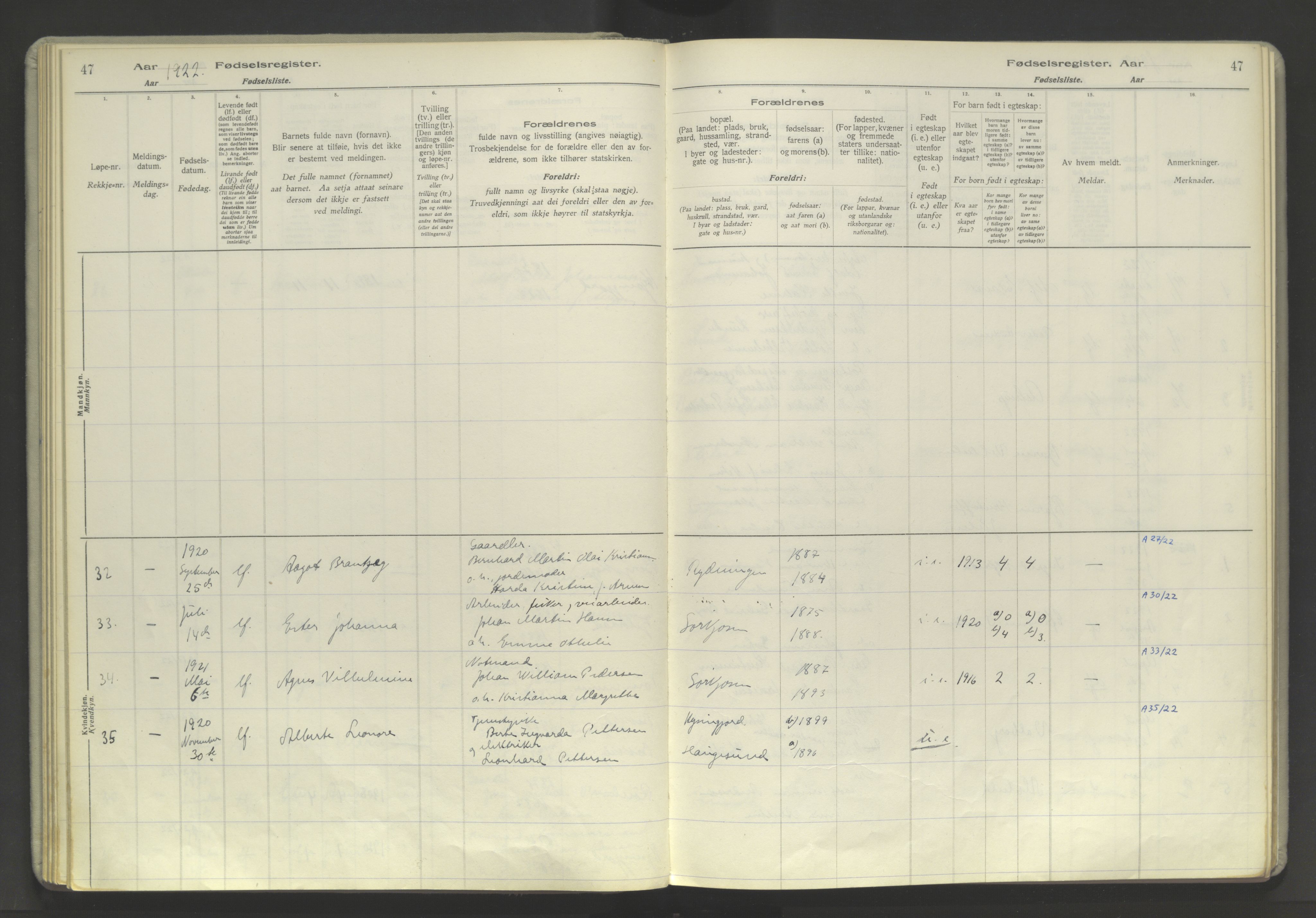 Skjervøy sokneprestkontor, AV/SATØ-S-1300/I/Ia/L0060: Fødselsregister nr. 60, 1916-1947, s. 47