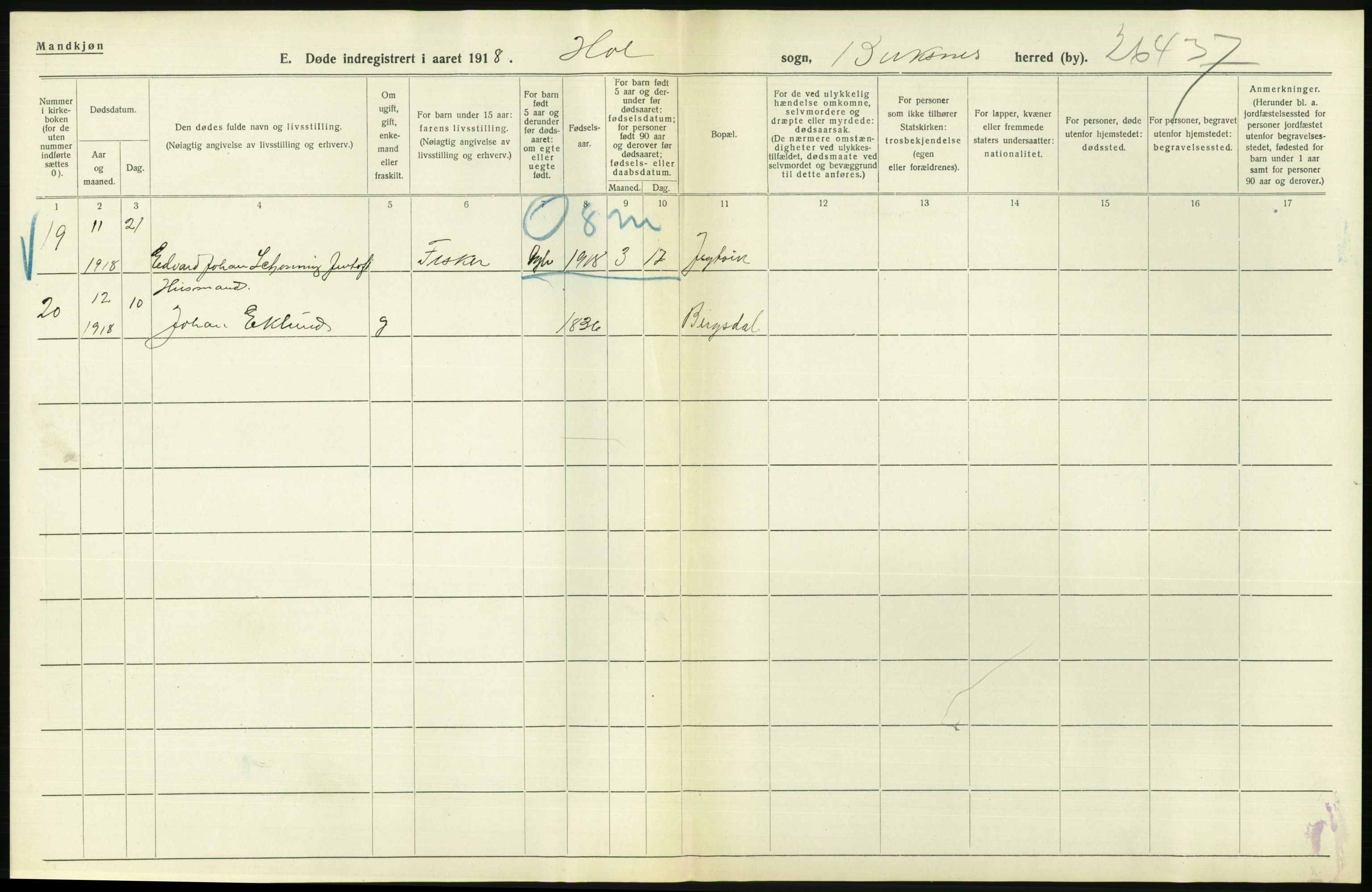 Statistisk sentralbyrå, Sosiodemografiske emner, Befolkning, RA/S-2228/D/Df/Dfb/Dfbh/L0055: Nordland fylke: Døde. Bygder og byer., 1918, s. 432