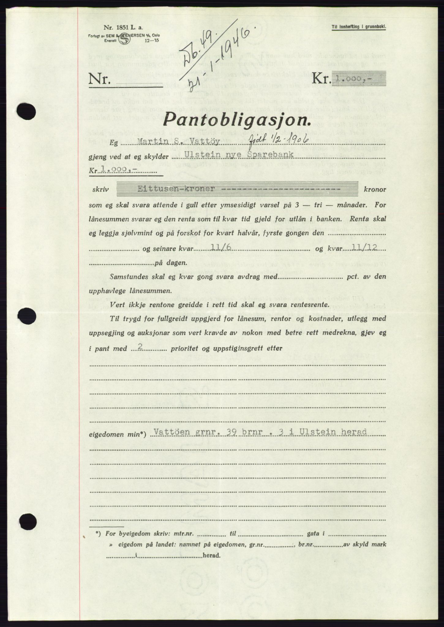 Søre Sunnmøre sorenskriveri, AV/SAT-A-4122/1/2/2C/L0114: Pantebok nr. 1-2B, 1943-1947, Dagboknr: 49/1946