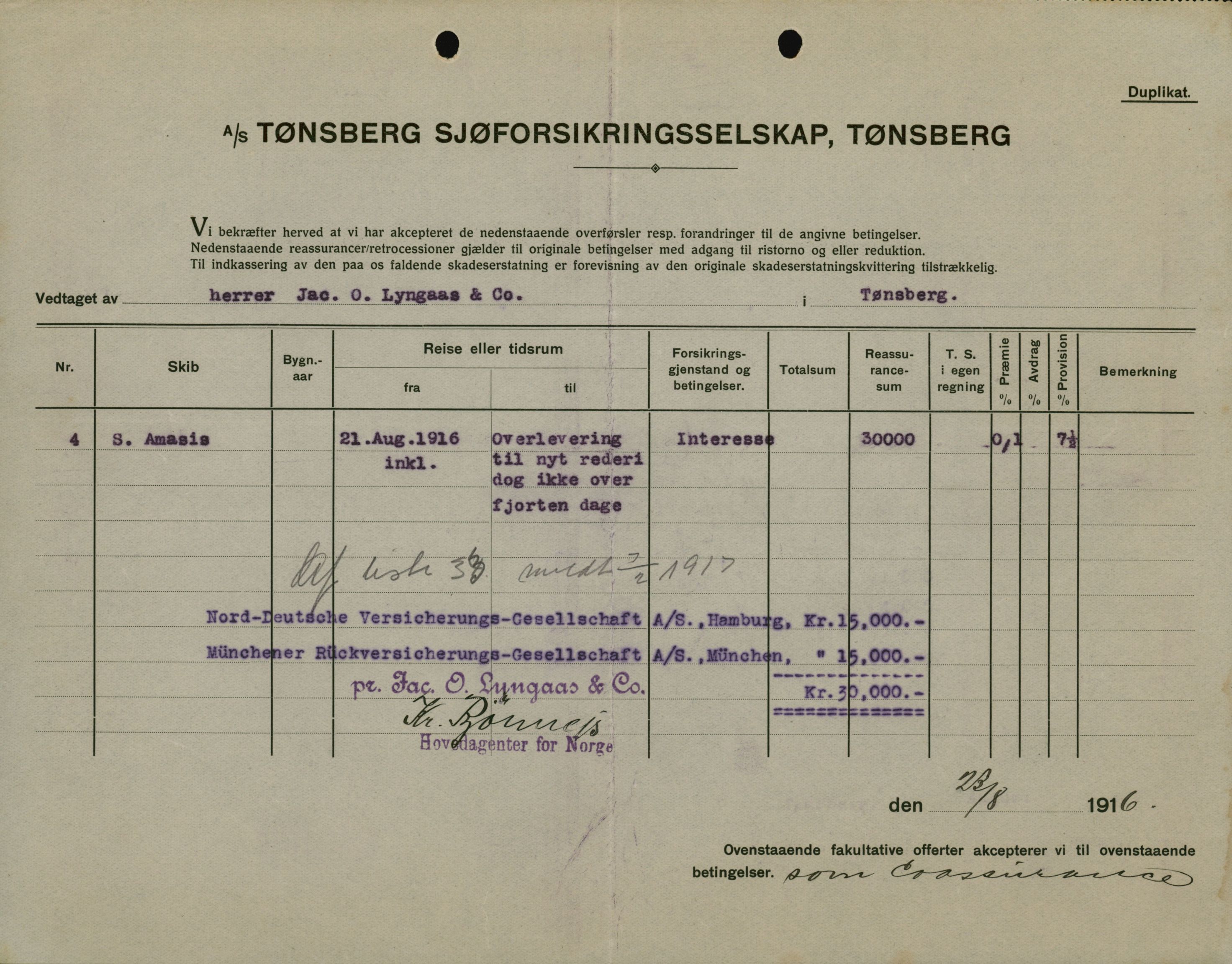 Pa 664 - Tønsberg Sjøforsikringsselskap, VEMU/A-1773/F/L0001: Forsikringspoliser, 1915-1918