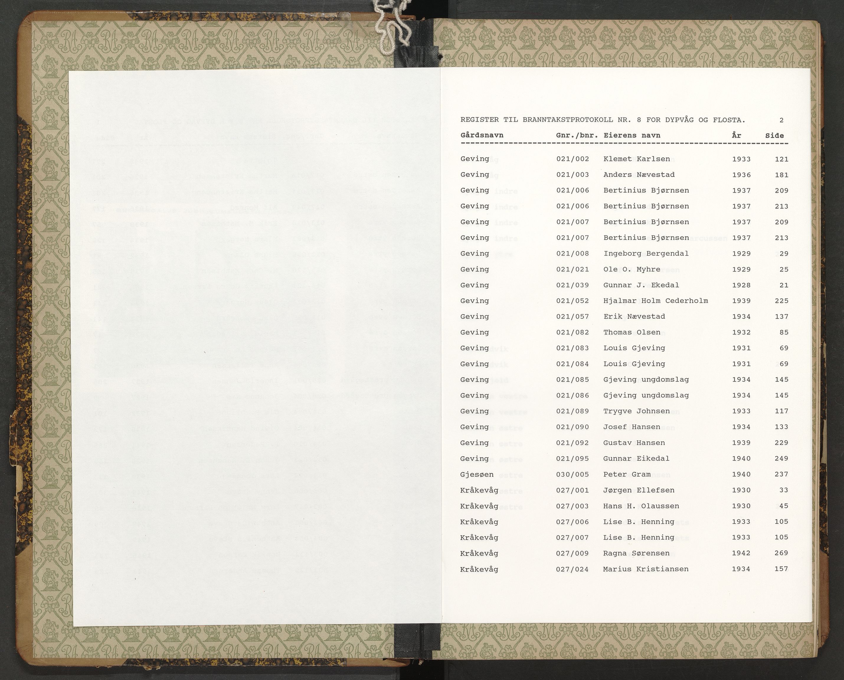 Norges Brannkasse Dypvåg og Flosta, AV/SAK-2241-0008/F/Fa/L0008: Branntakstprotokoll nr. 8 med gårdsnavnregister, 1927-1949