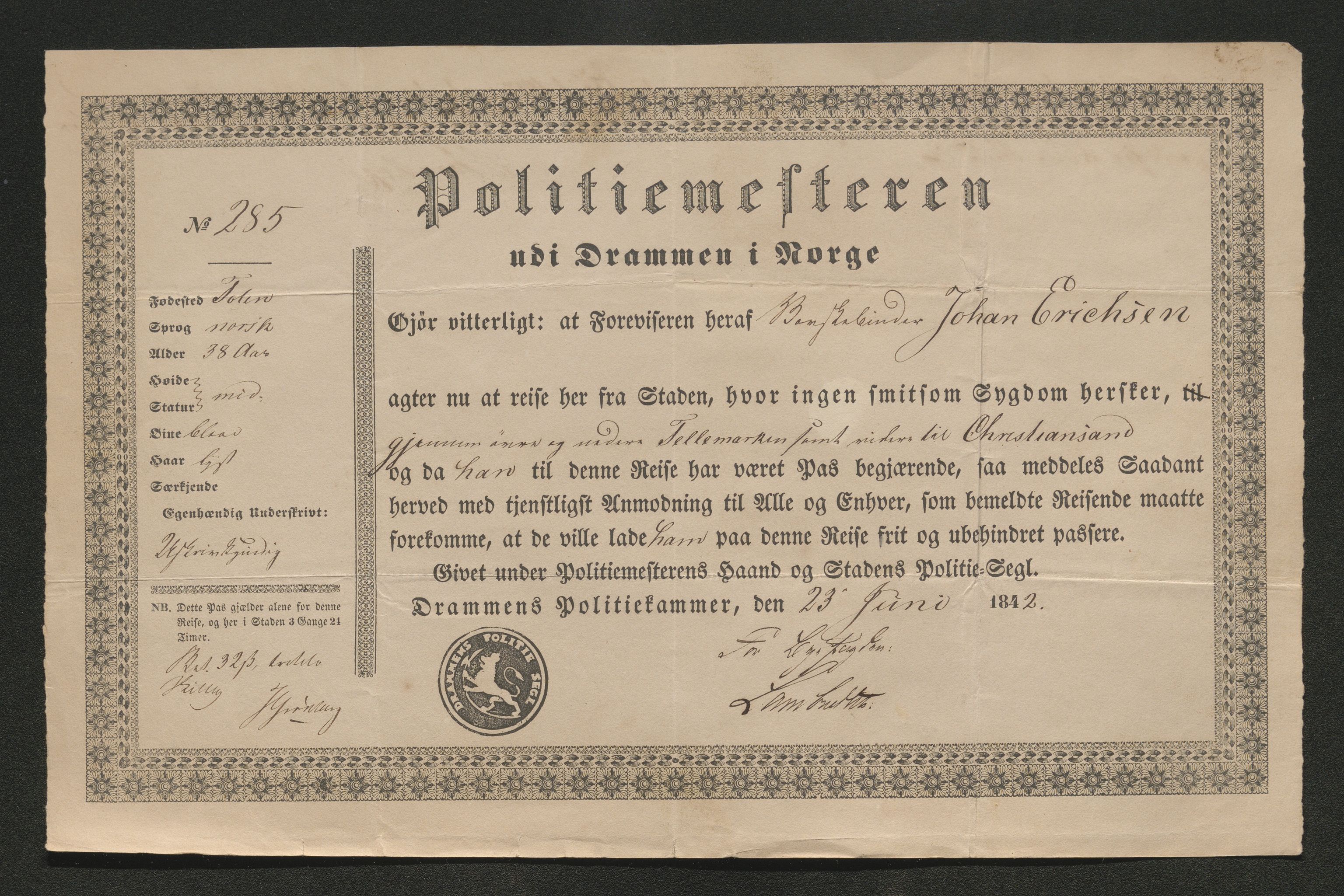 Drammen politikammer, AV/SAKO-A-623/I/Ia/Iab/L0006: Innleverte pass, 1841-1842, s. 610