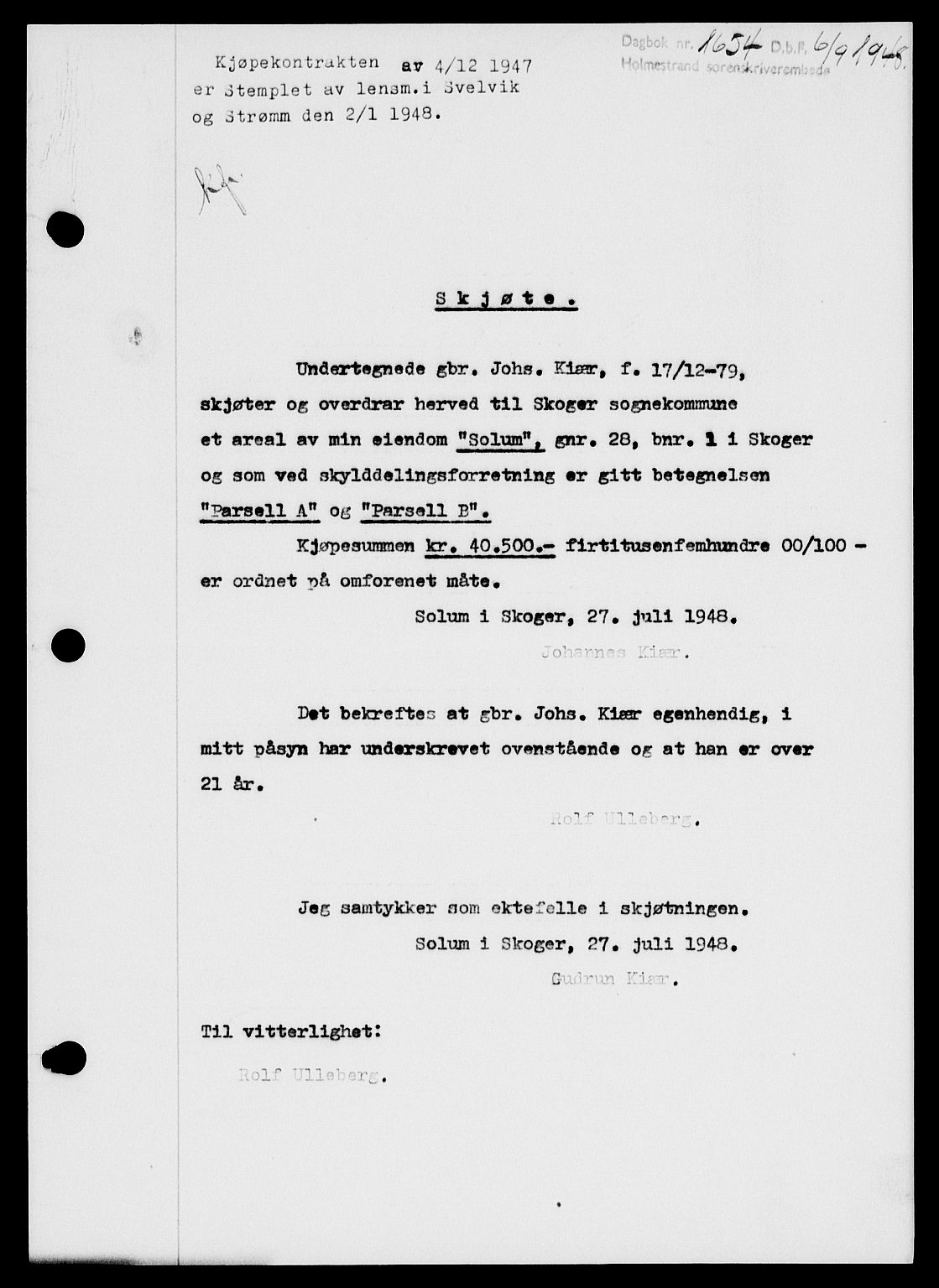 Holmestrand sorenskriveri, SAKO/A-67/G/Ga/Gaa/L0064: Pantebok nr. A-64, 1948-1948, Dagboknr: 1654/1948