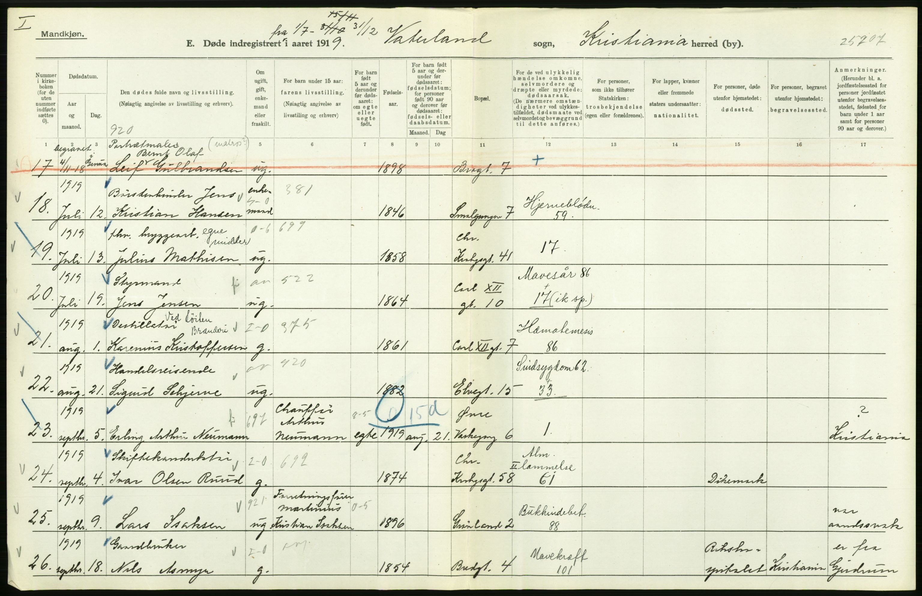 Statistisk sentralbyrå, Sosiodemografiske emner, Befolkning, AV/RA-S-2228/D/Df/Dfb/Dfbi/L0010: Kristiania: Døde, 1919, s. 508